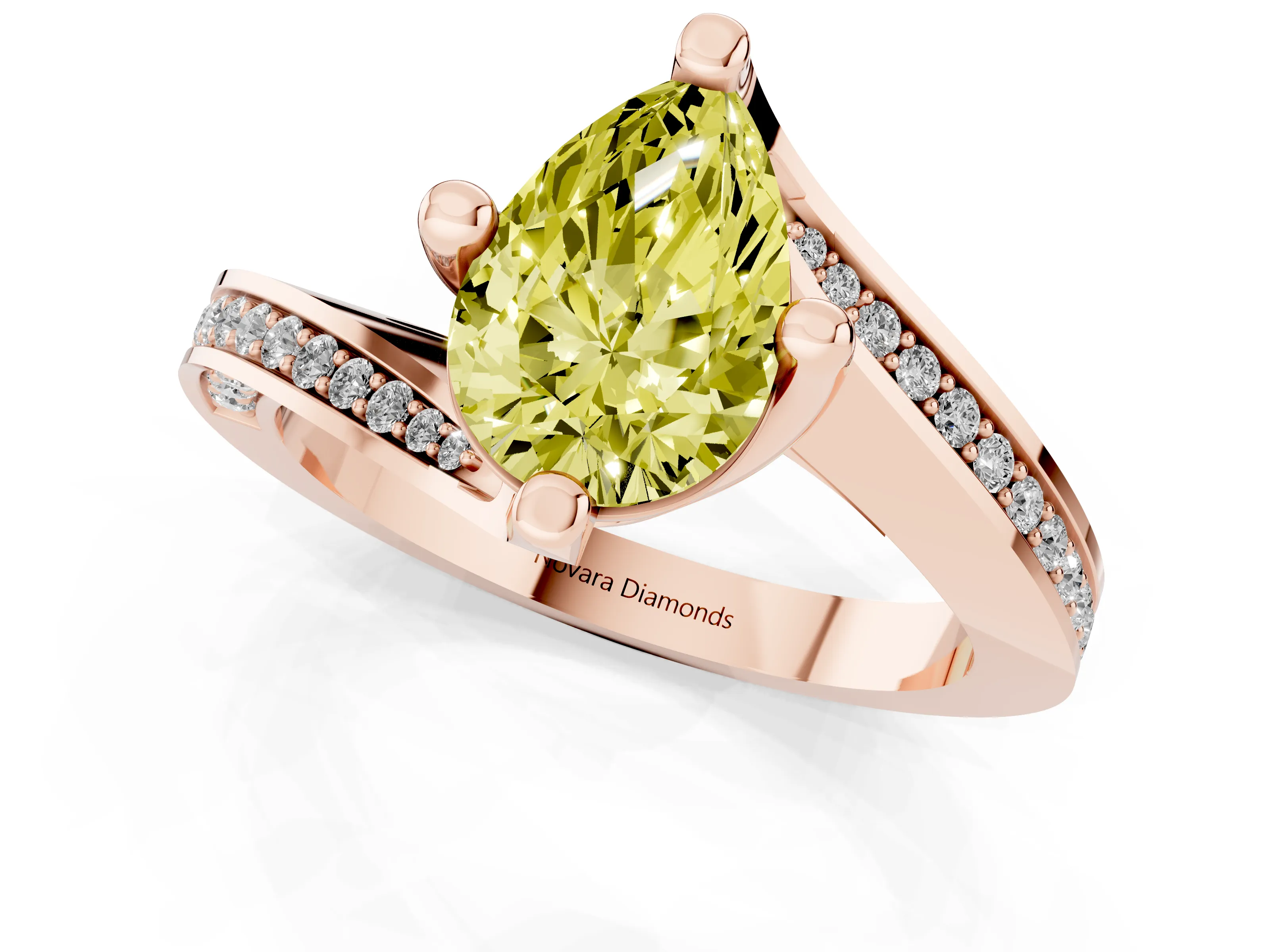 Fancy Yellow Pear Cut Diamond Solitaire Ring Set in Rose gold with Intertwined Pavé Twist Band