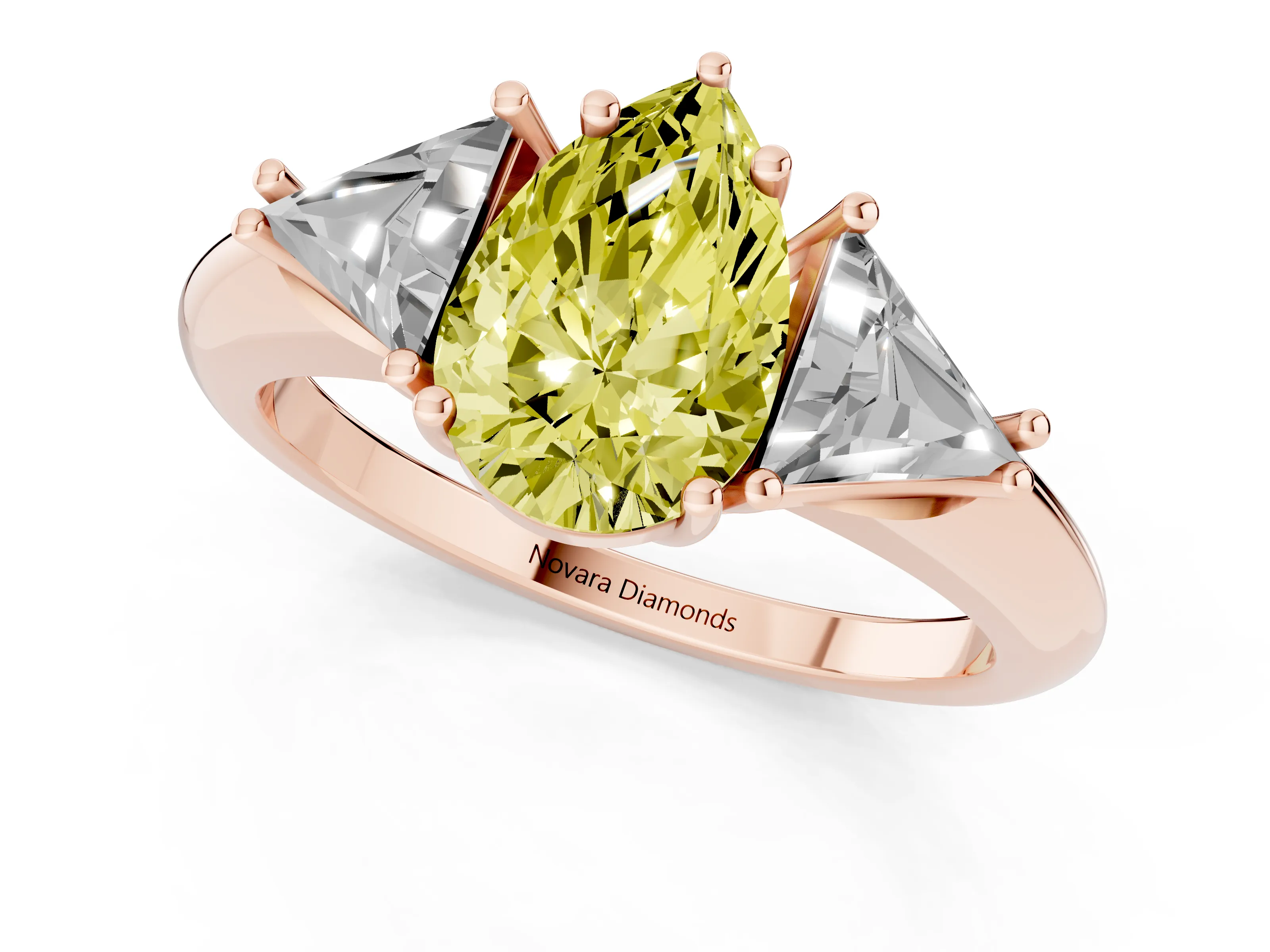 Fancy Yellow Pear Cut Diamond Three-Stone Engagement Ring Set in Rose gold with Trillion Side Stones