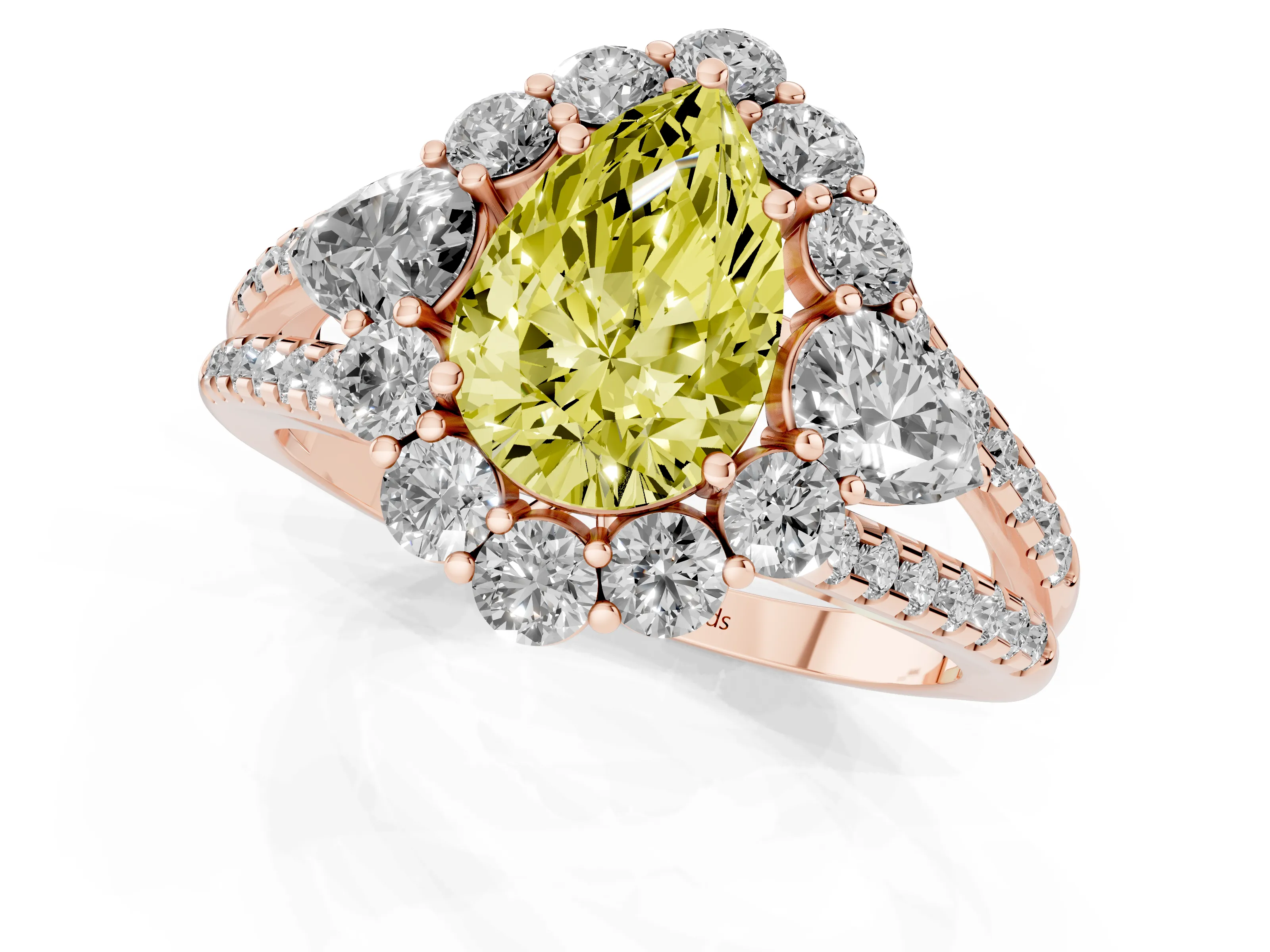 Fancy Yellow Pear Cut Diamond Halo Split Shank Engagement Ring Set in Rose gold with Prong-Held Center Stone