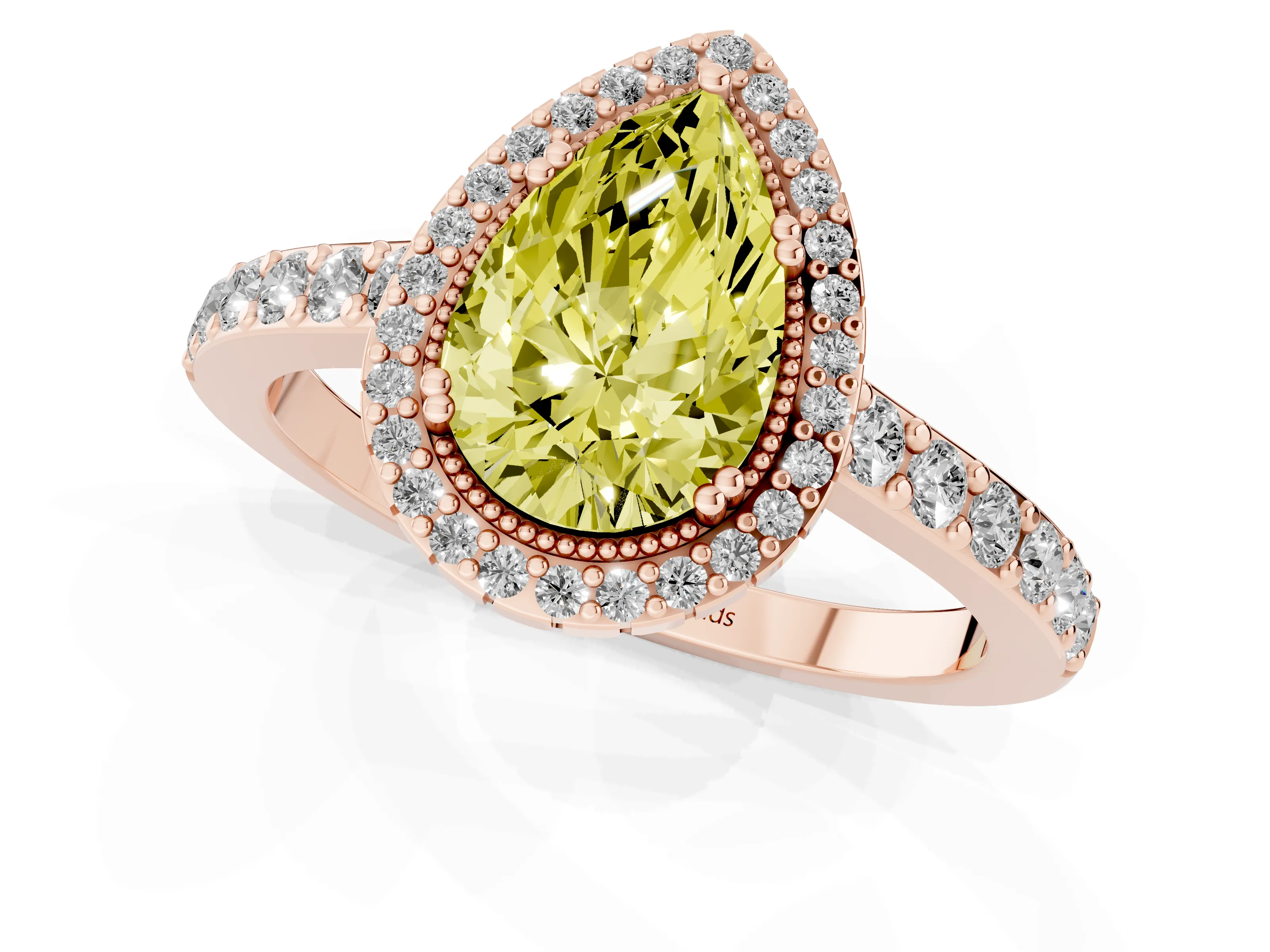 Fancy Yellow Pear Cut Diamond Halo Engagement Ring Set in Rose gold with Milgrain Detail and Pavé Band