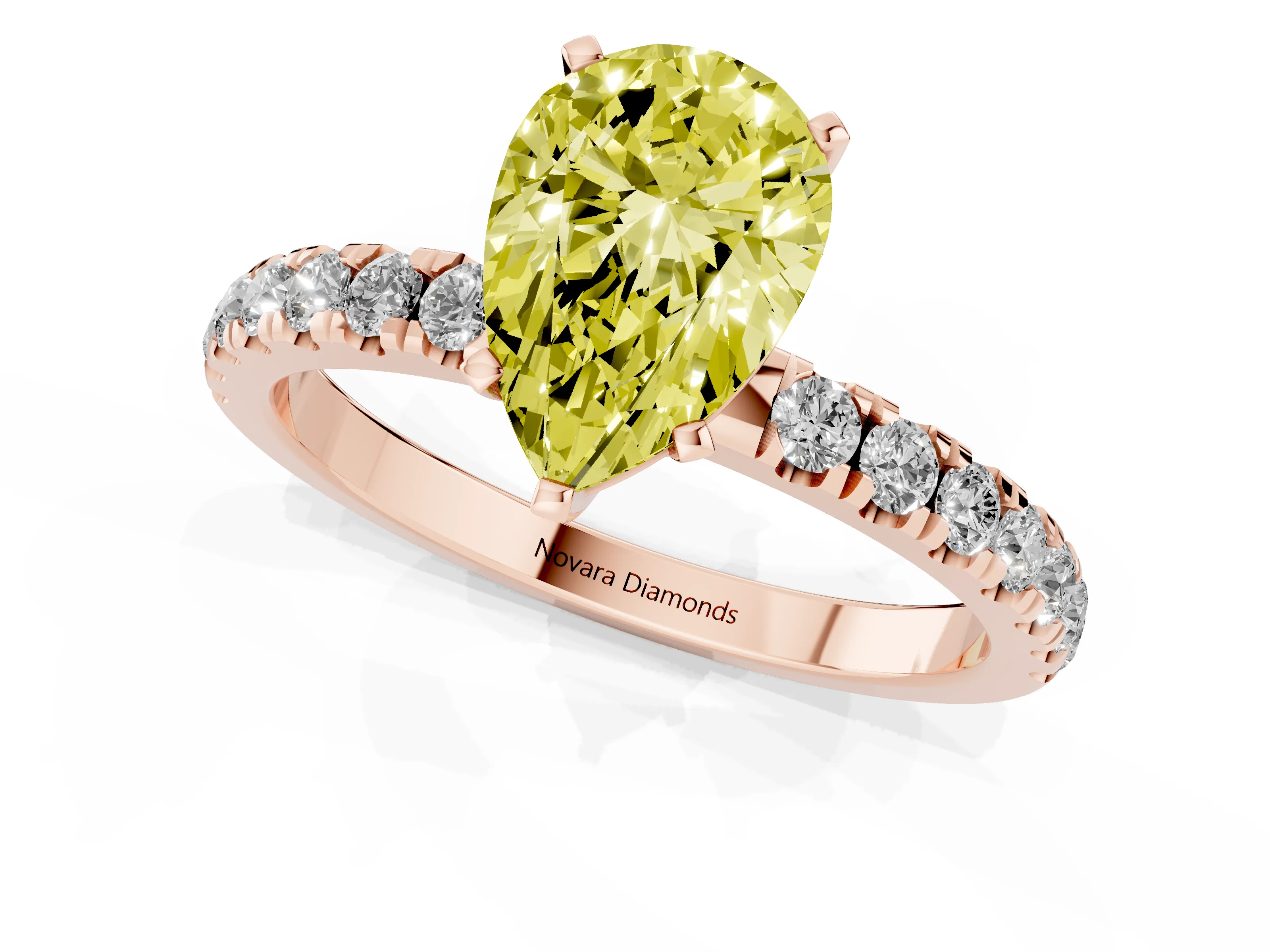 Fancy Yellow Pear Cut Diamond Solitaire Ring Set in Rose gold with Pavé Accents and Prong Setting