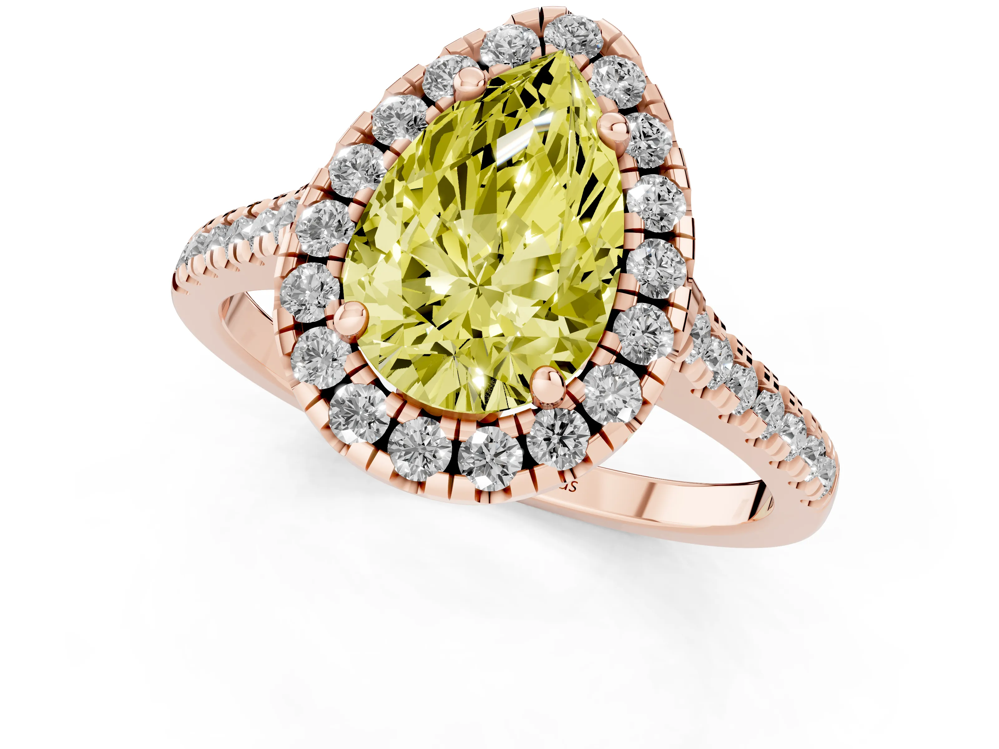 Fancy Yellow Pear Cut Diamond Cushion Halo Ring Set in Rose gold with Pavé Band
