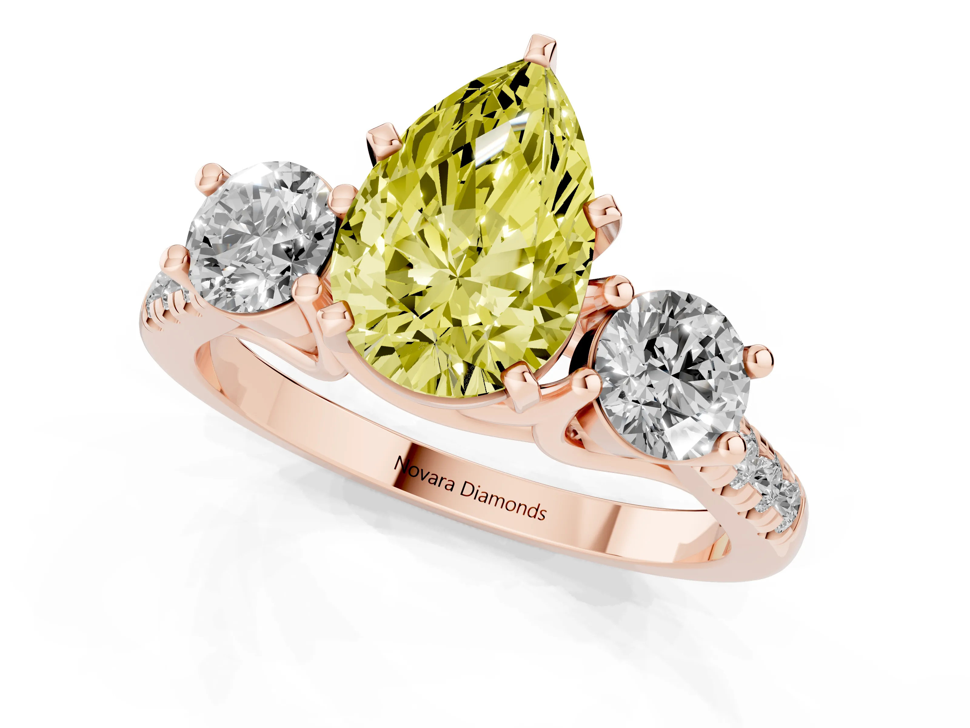 Fancy Yellow Three-Stone Pear Cut Diamond Pavé Band Ring Set in Rose gold with Prong-Set Trio