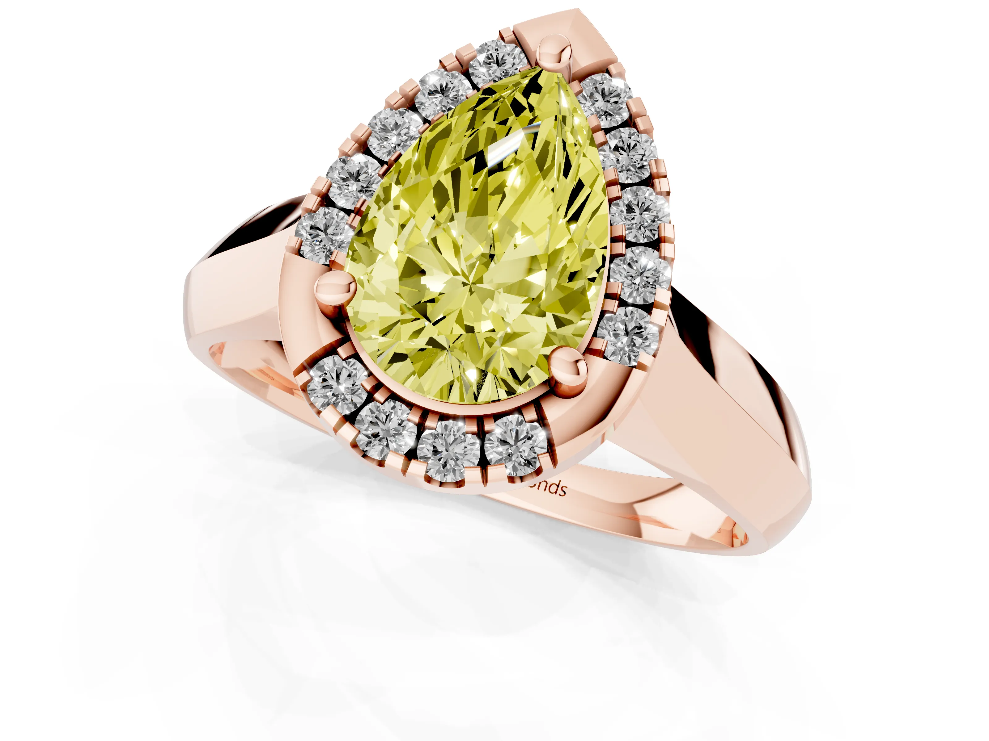 Fancy Yellow Pear Cut Diamond Halo Solitaire Engagement Ring Set in Rose gold with Square Band and Prong Setting