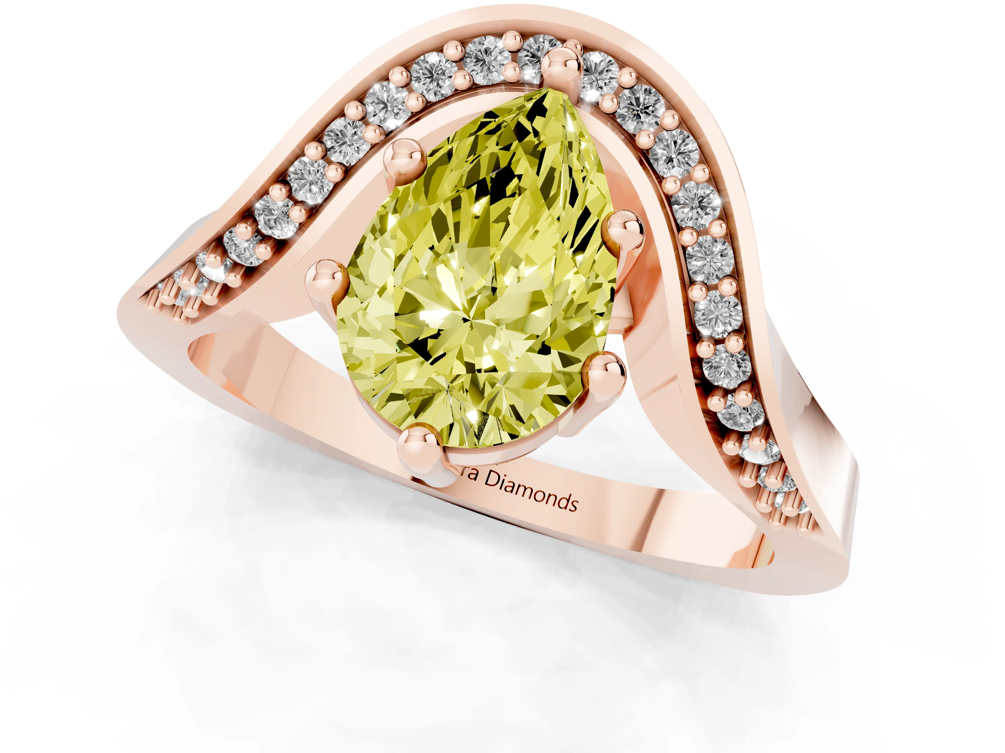 Fancy Yellow Pear Cut Diamond Solitaire Engagement Ring Set in Rose gold with Pavé Shoulders