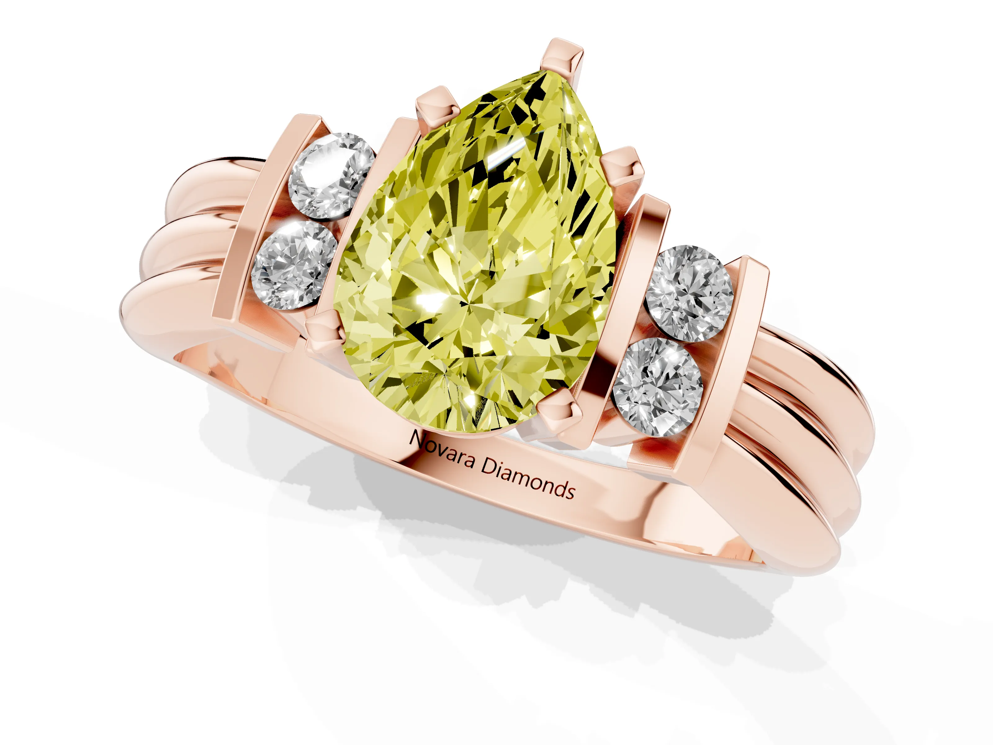 Fancy Yellow Three-Stone Pear Cut Diamond Channel Set Ring Set in Rose gold with Bar Prongs