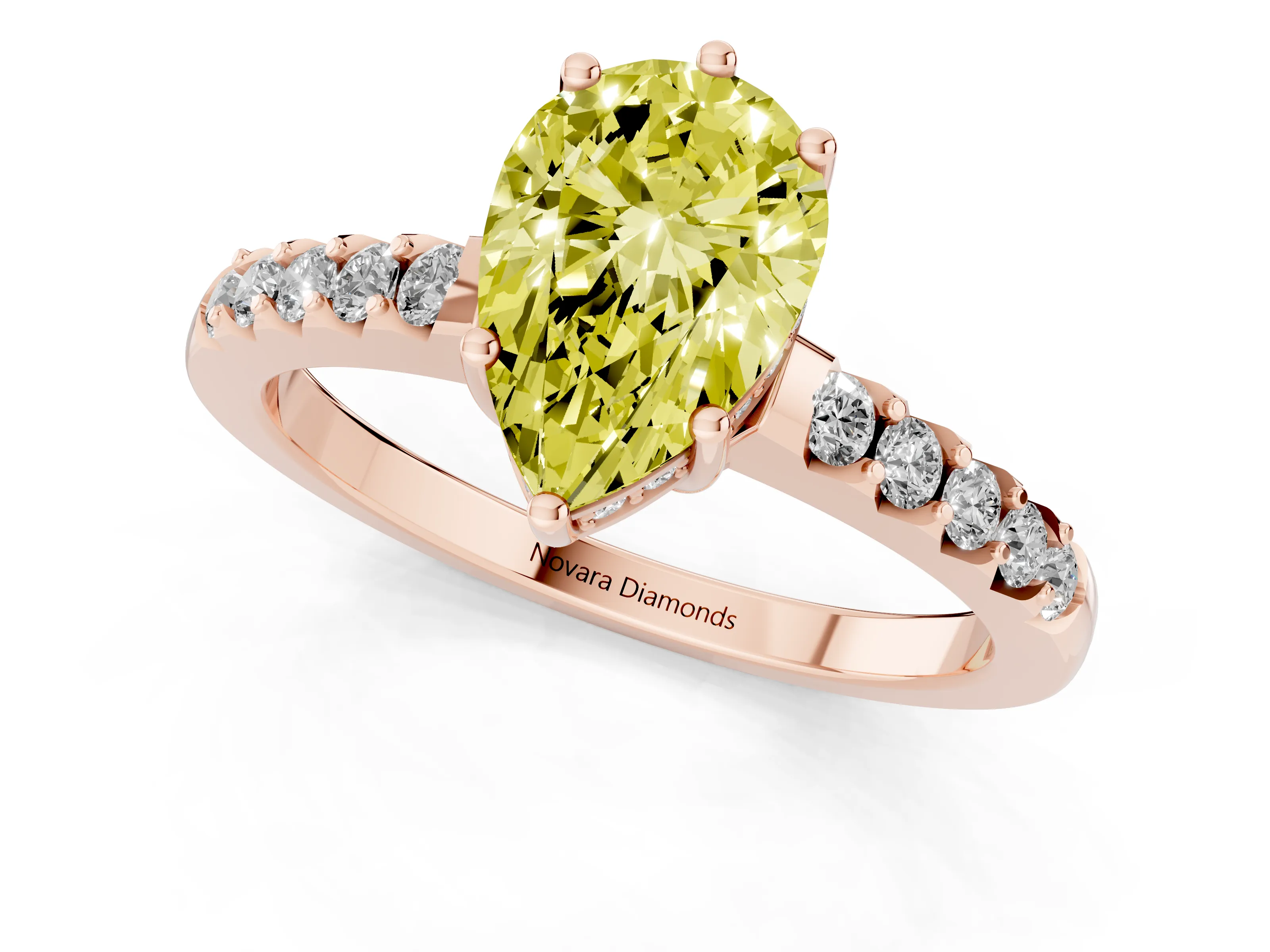 Fancy Yellow Pear Cut Diamond Solitaire Engagement Ring Set in Rose gold with Pavé Band and Prong Setting