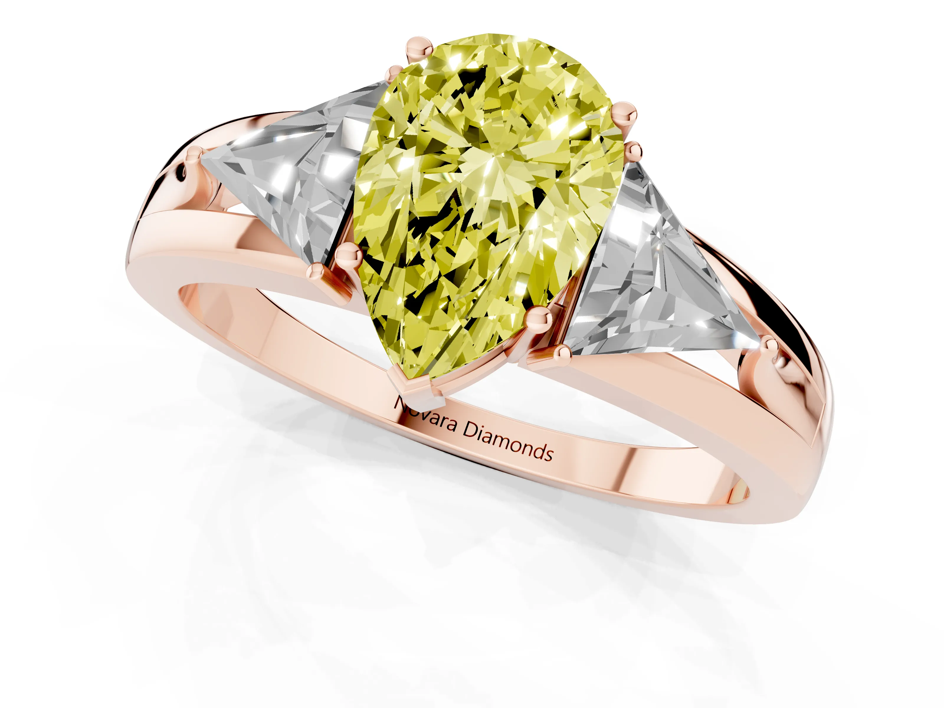 Fancy Yellow Pear Cut Diamond Three-Stone Ring Set in Rose gold with Trillion Side Stones and Split Shank