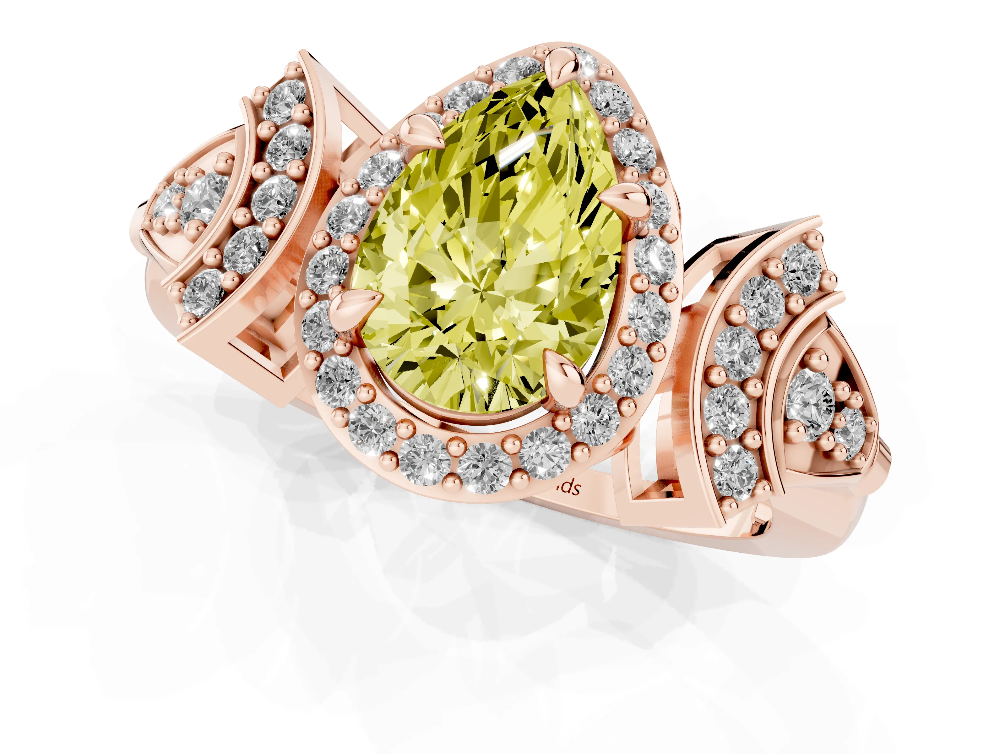 Fancy Yellow Pear Cut Diamond Halo Engagement Ring Set in Rose gold with Accent Stone Split Shank