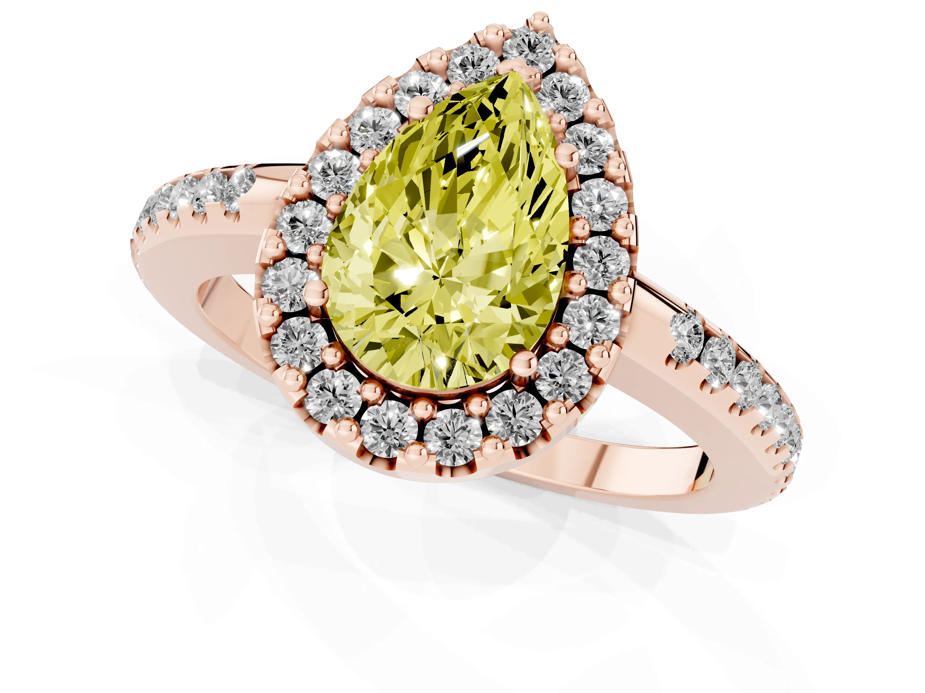 Fancy Yellow Pear Cut Diamond Pavé Halo Ring Set in Rose gold with Prong Setting