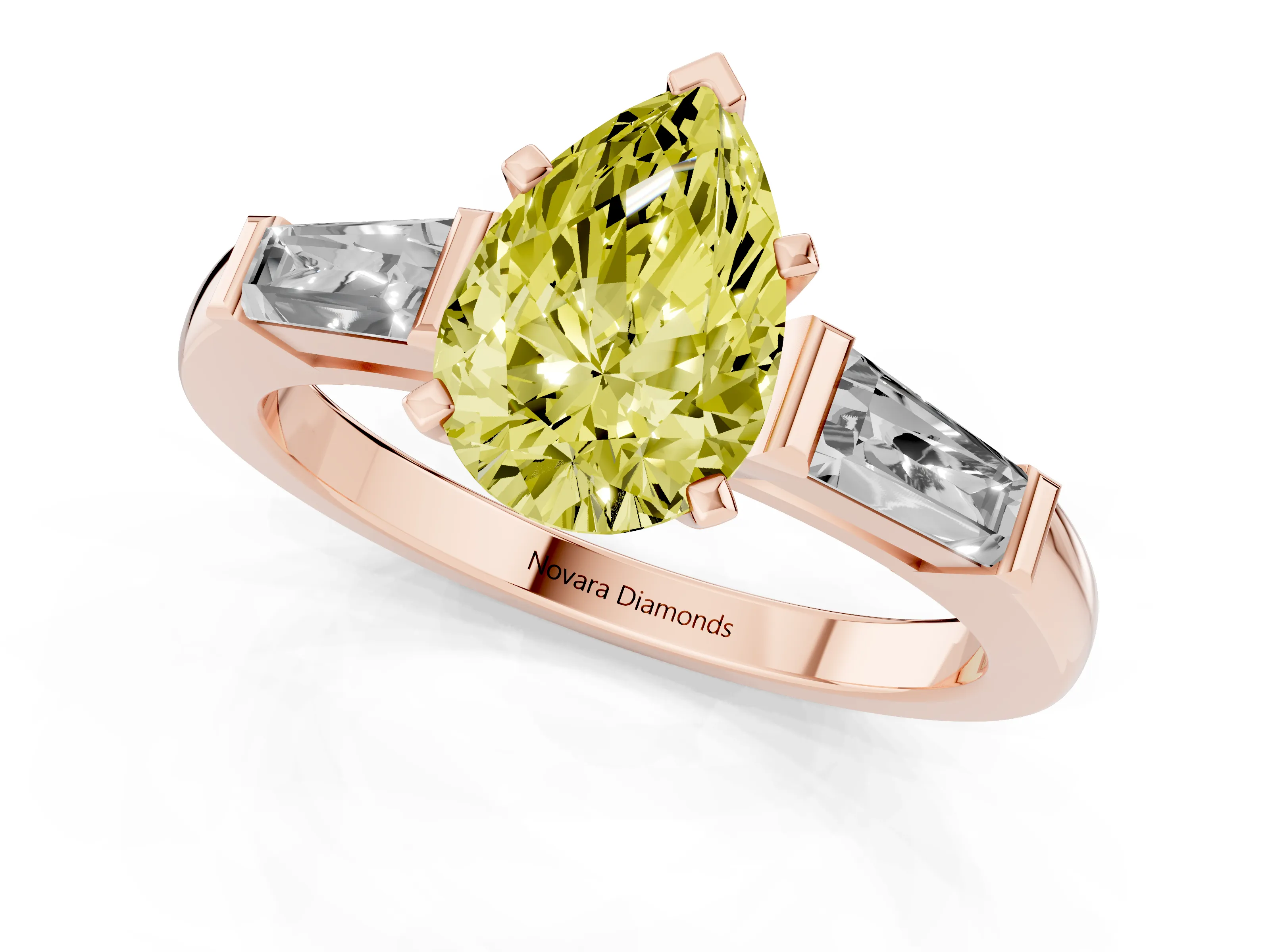 Fancy Yellow Pear Cut Diamond Solitaire Ring Set in Rose gold with Tapered Baguette Side Stones and Prong Setting