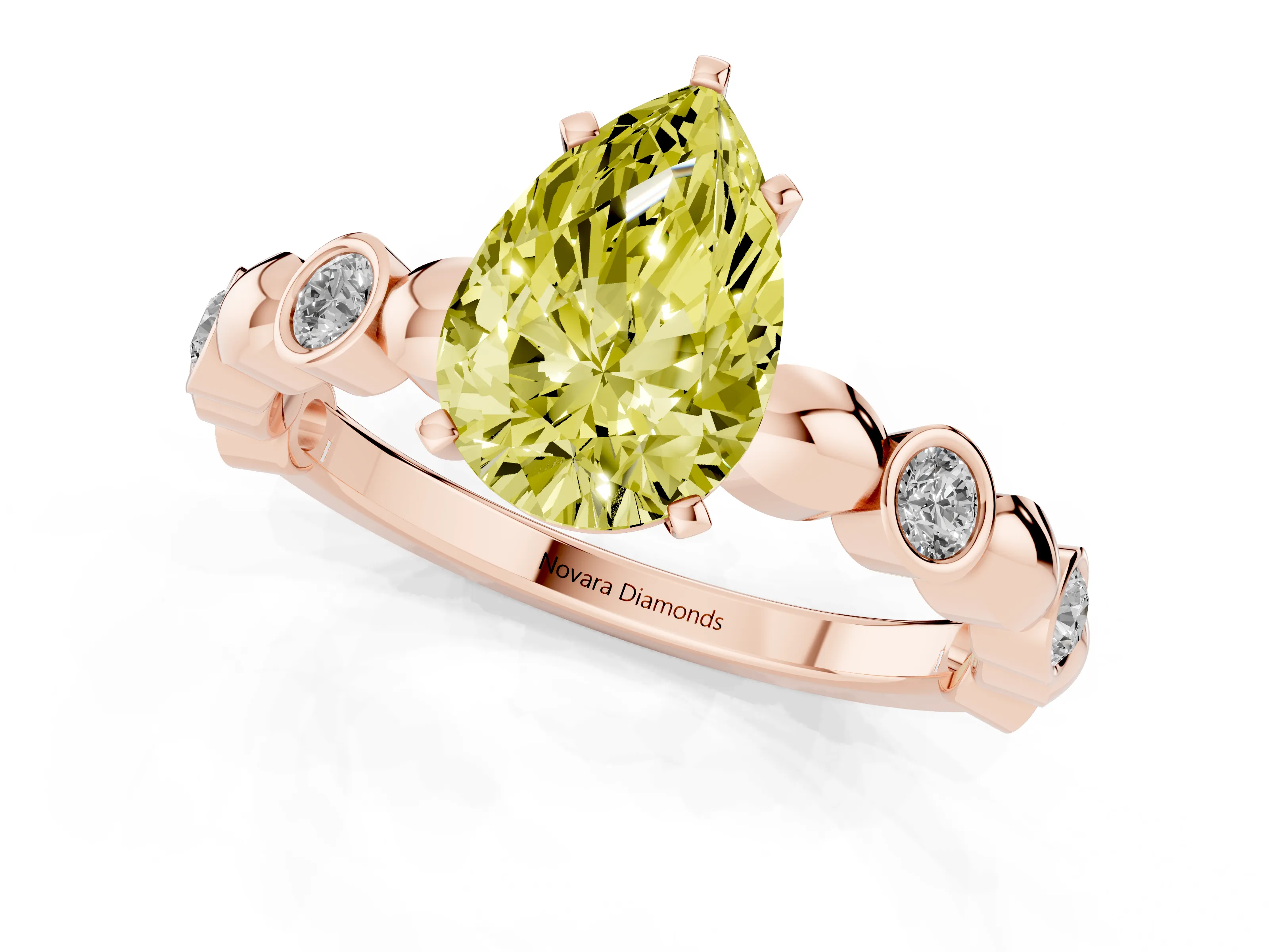 Fancy Yellow Pear Cut Diamond Solitaire Ring Set in Rose gold with Bezel-Set Accents on Beaded Band and Prong Setting
