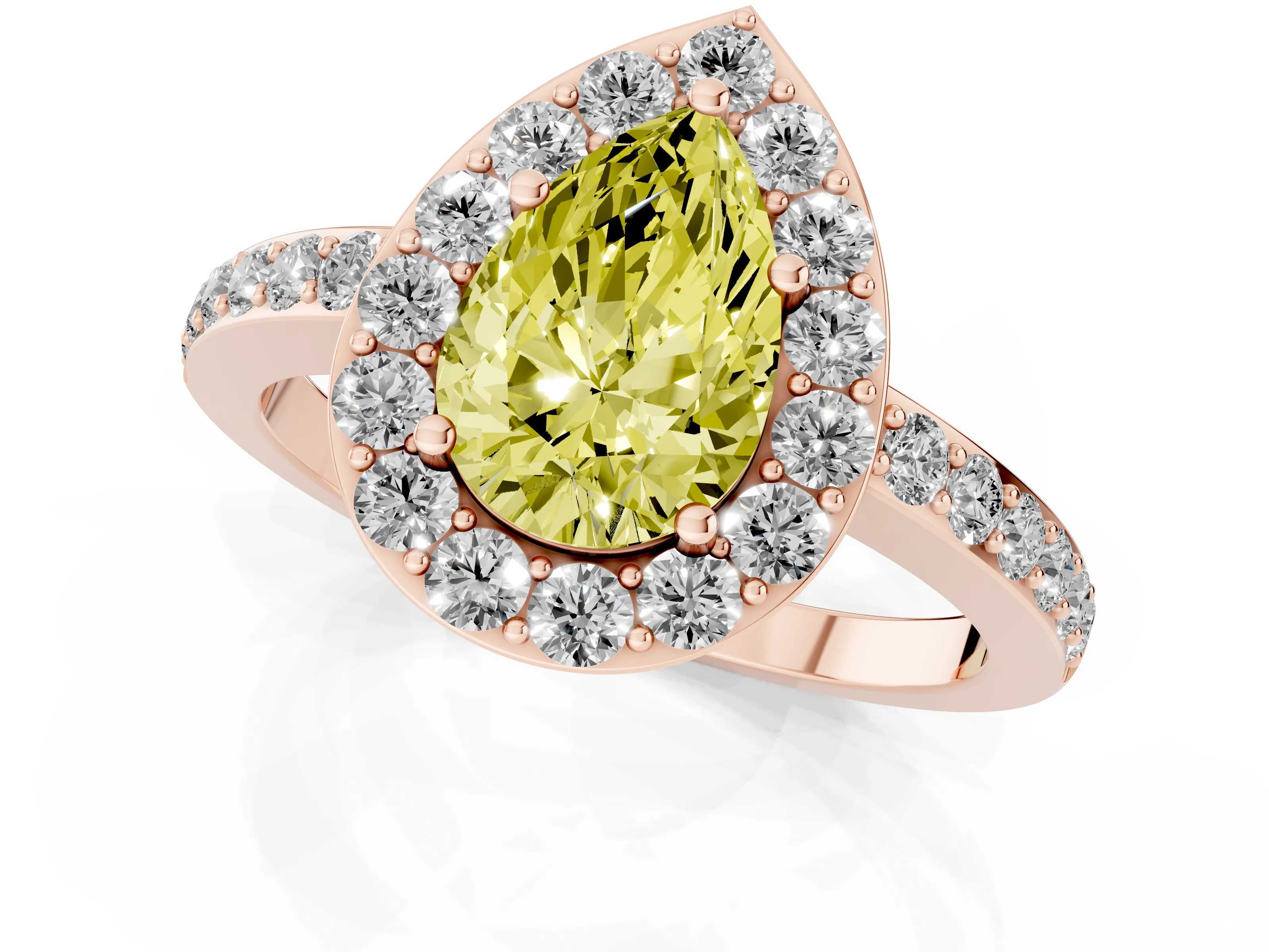 Fancy Yellow Pear Cut Diamond Halo Ring Set in Rose gold with Pavé-Setting Band and Open Prong Center