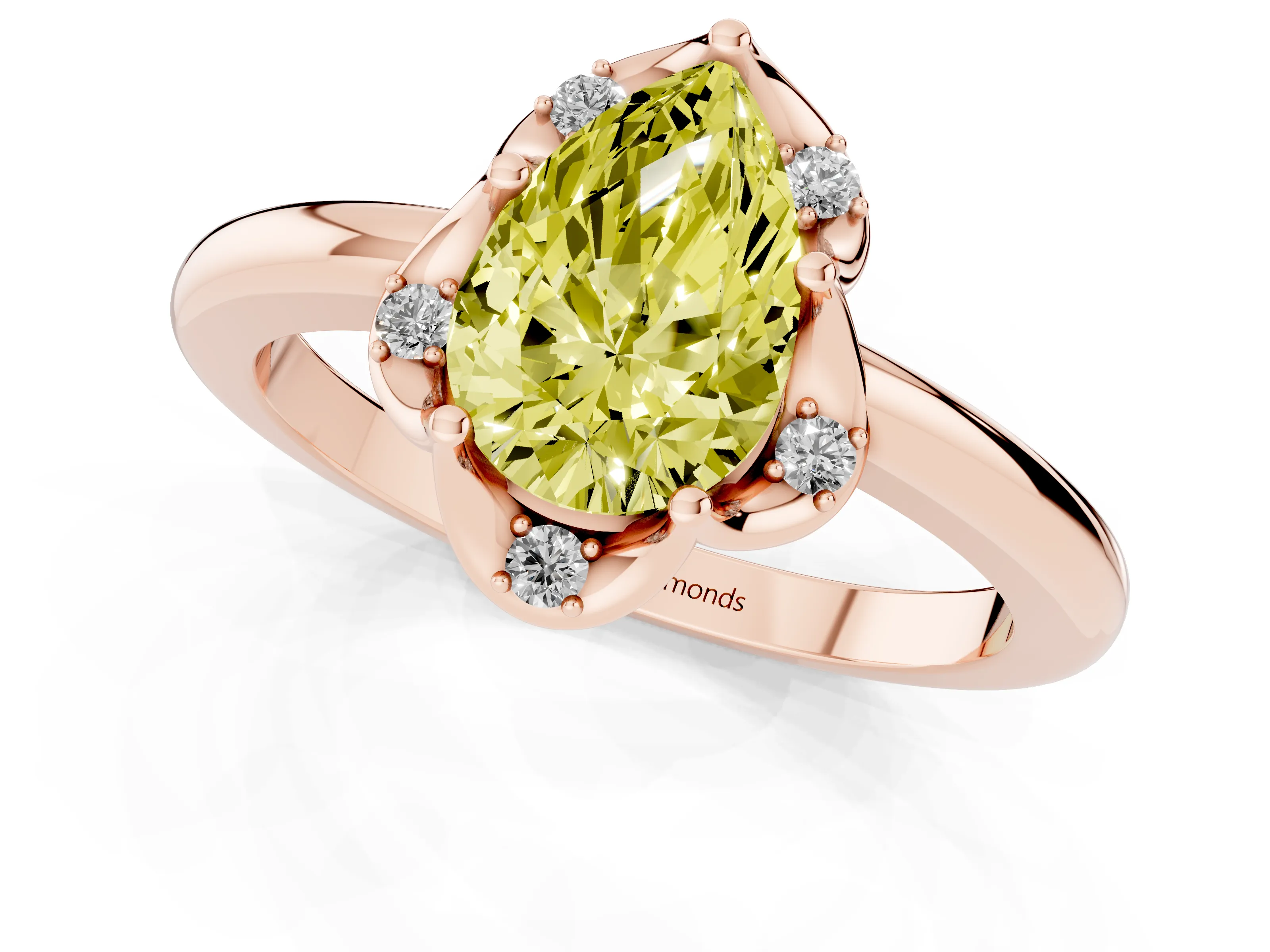 Fancy Yellow Pear Cut Diamond Round Cluster Halo Ring Set in Rose gold with Solitaire Band and Prong Setting