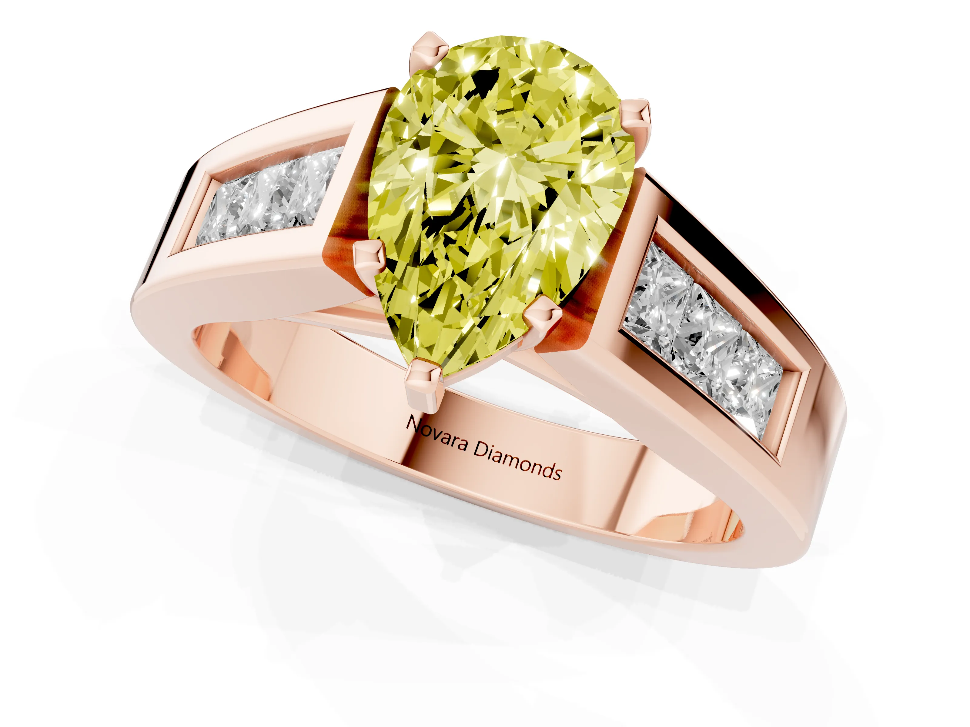 Fancy Yellow Pear Cut Diamond Solitaire Ring Set in Rose gold with Channel-Set Accent Stones and Prong Setting