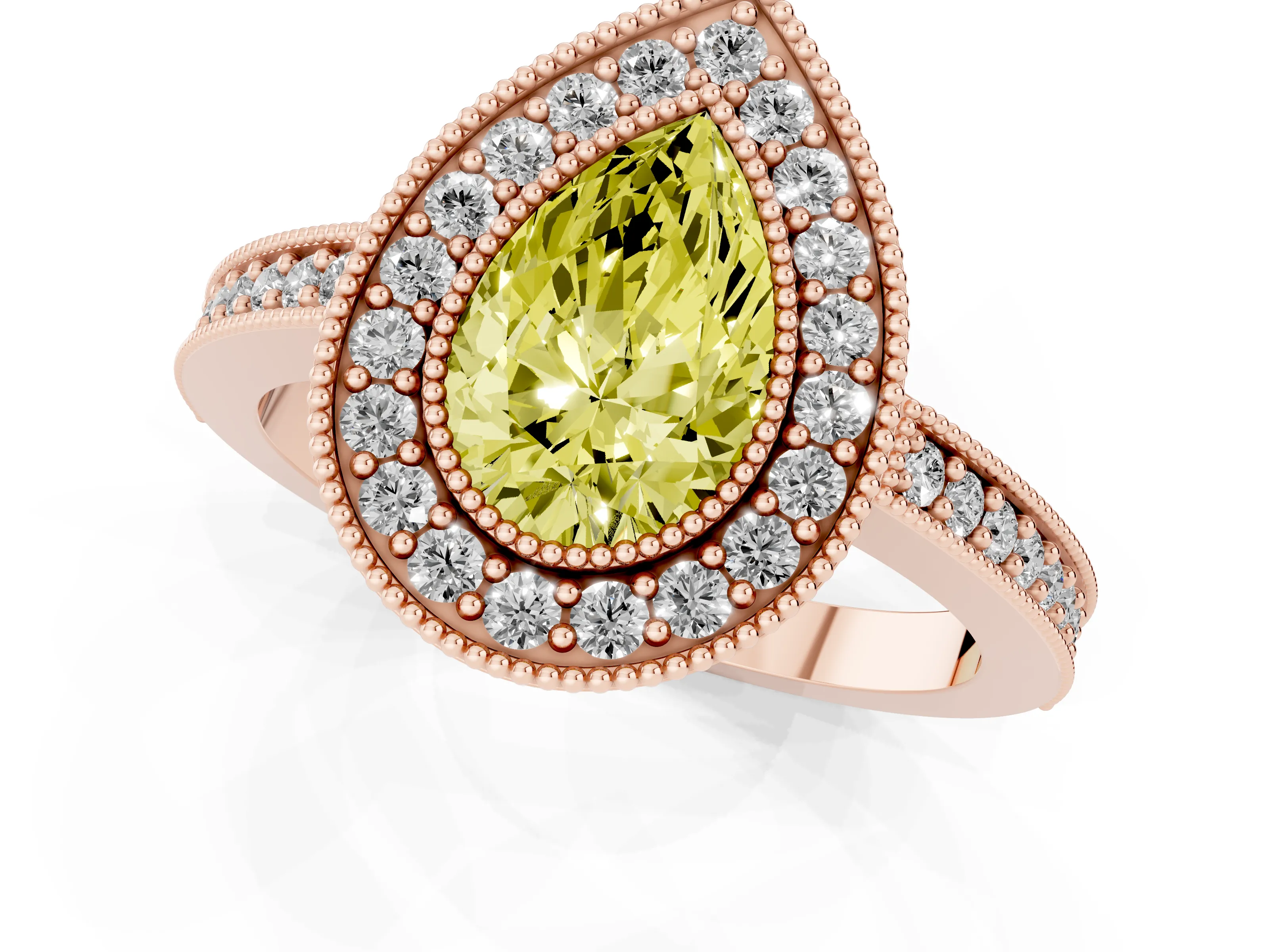 Fancy Yellow Pear Cut Diamond Halo Engagement Ring Set in Rose gold with Pavé Band and Round Halo Stones
