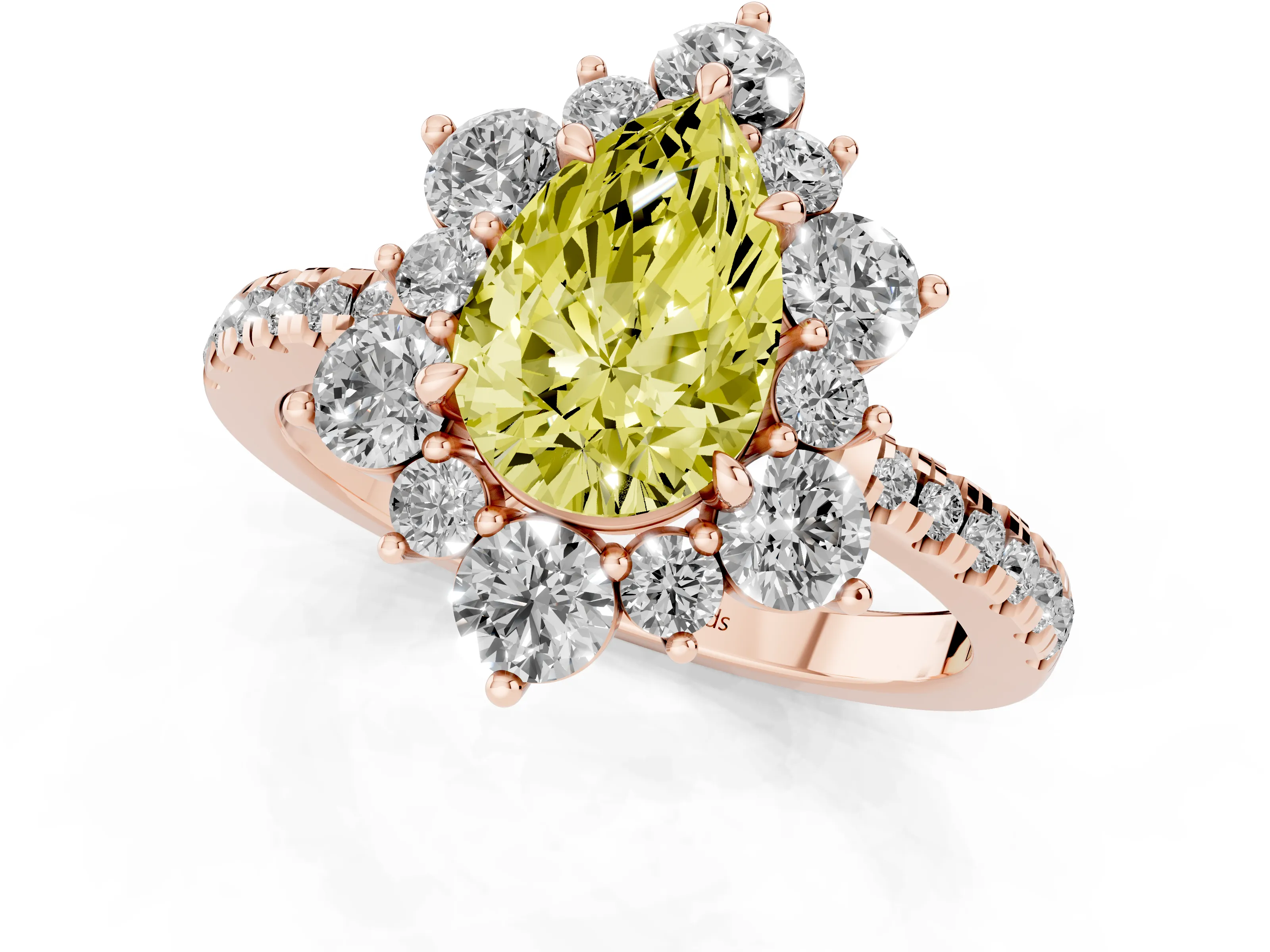 Fancy Yellow Pear Cut Diamond Floral Halo Ring Set in Rose gold with Round Pavé Band and Prong Setting