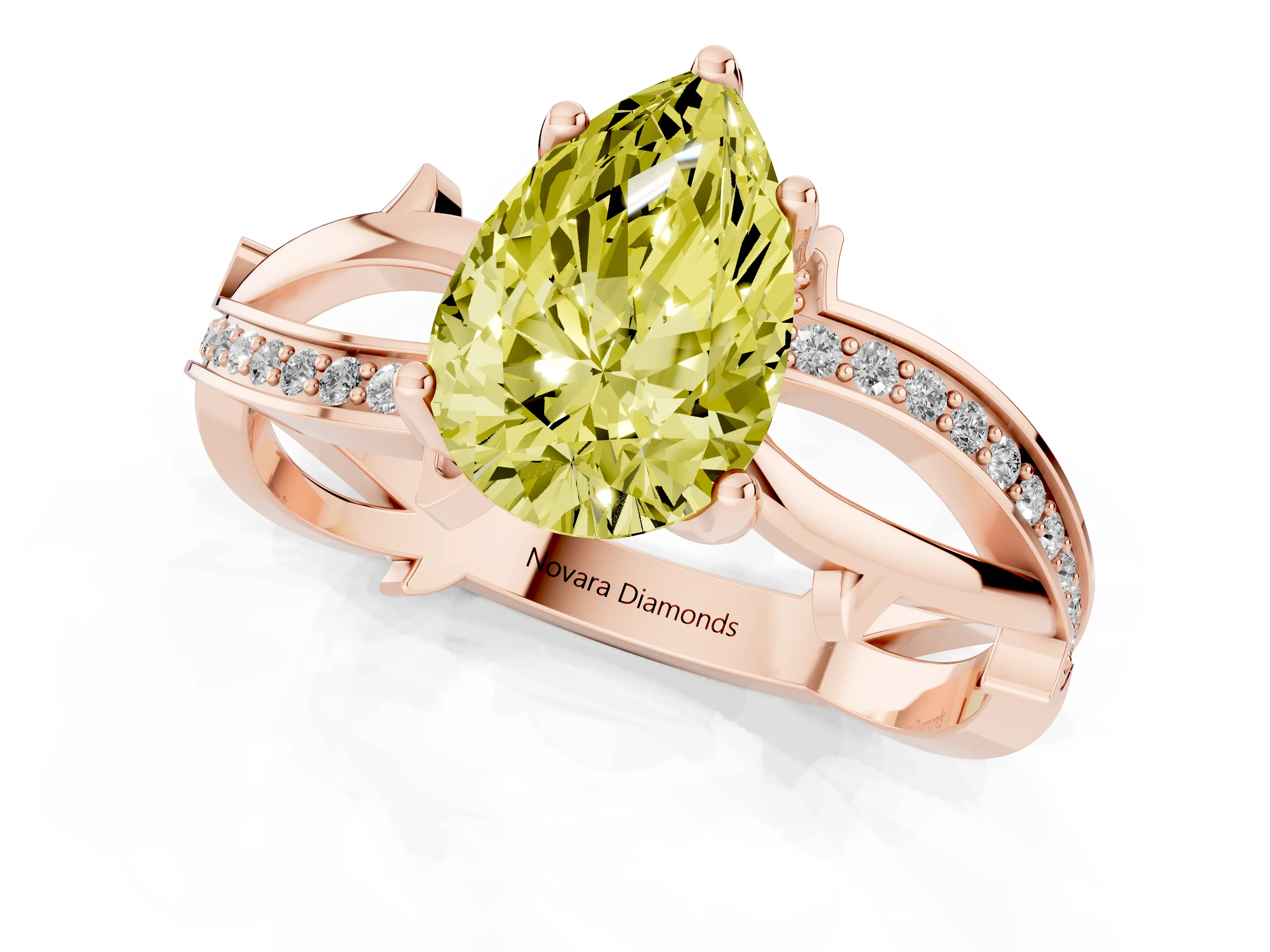 Fancy Yellow Pear Cut Diamond Pavé Twist Band Solitaire Ring Set in Rose gold with Prong Setting