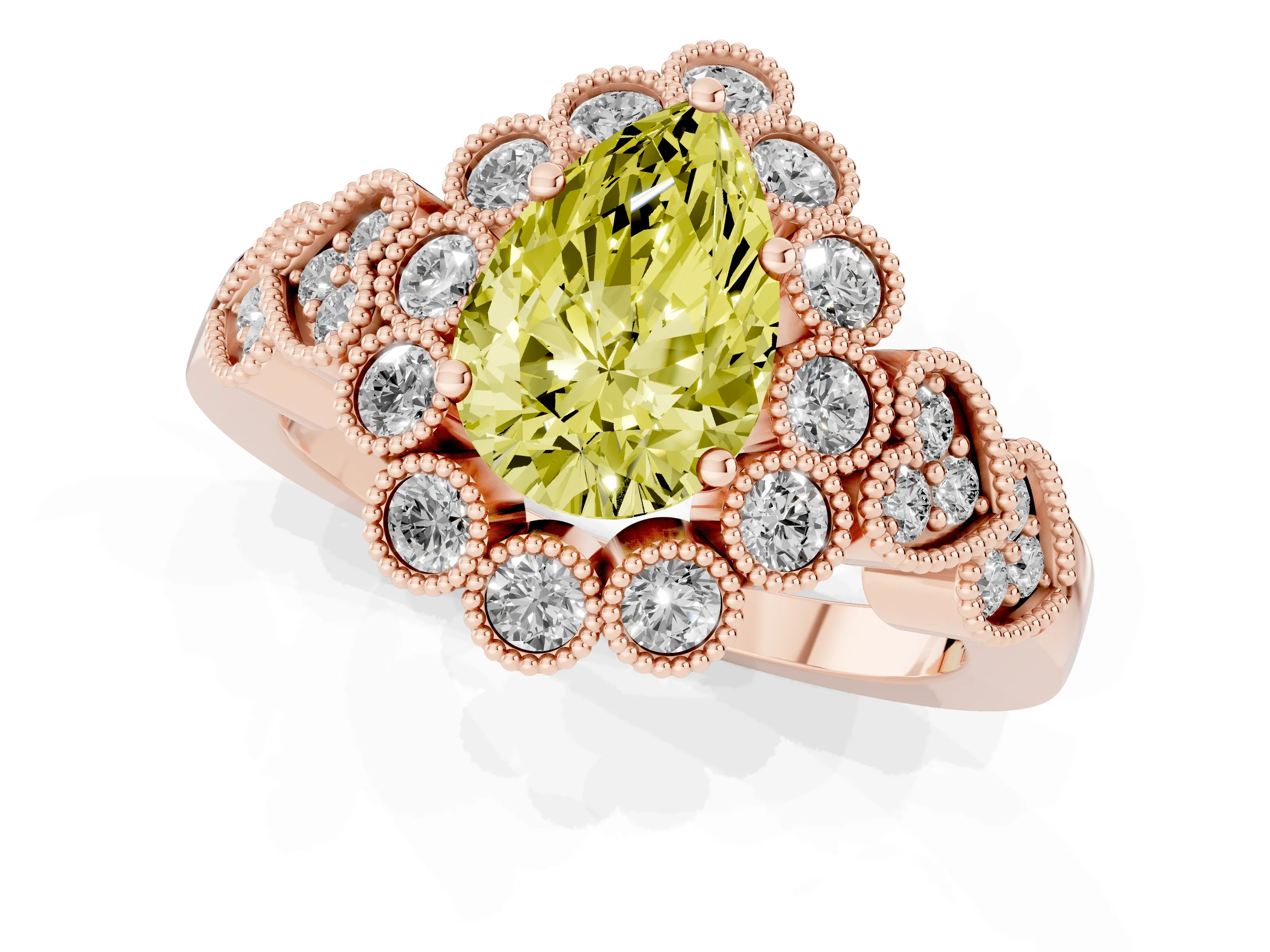 Fancy Yellow Pear Cut Diamond Solitaire Ring Set in Rose gold with Milgrain Pavé Heart Band