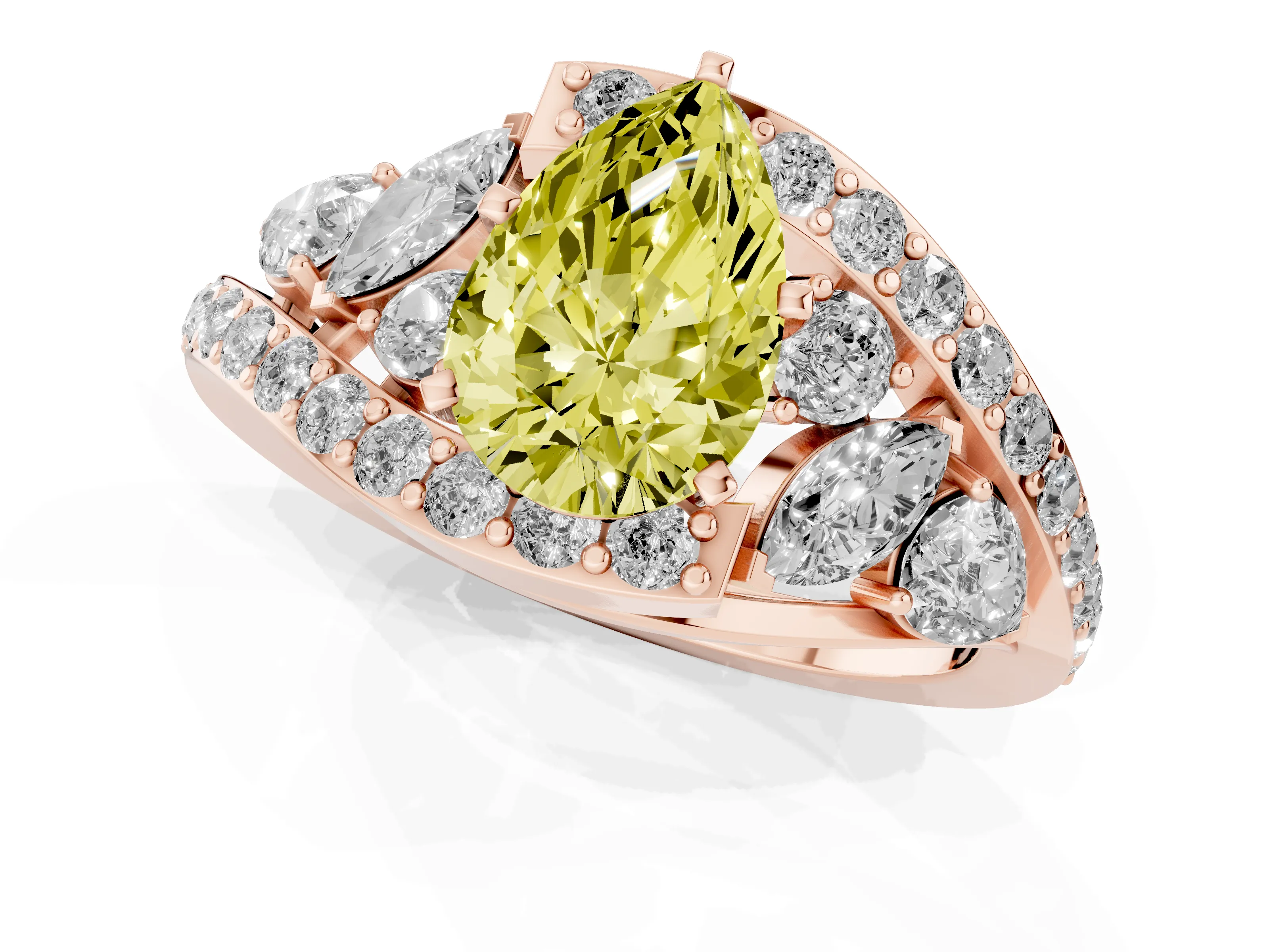 Fancy Yellow Pear Cut Diamond Halo Ring Set in Rose gold with Marquise and Pavé Band in Prong Setting