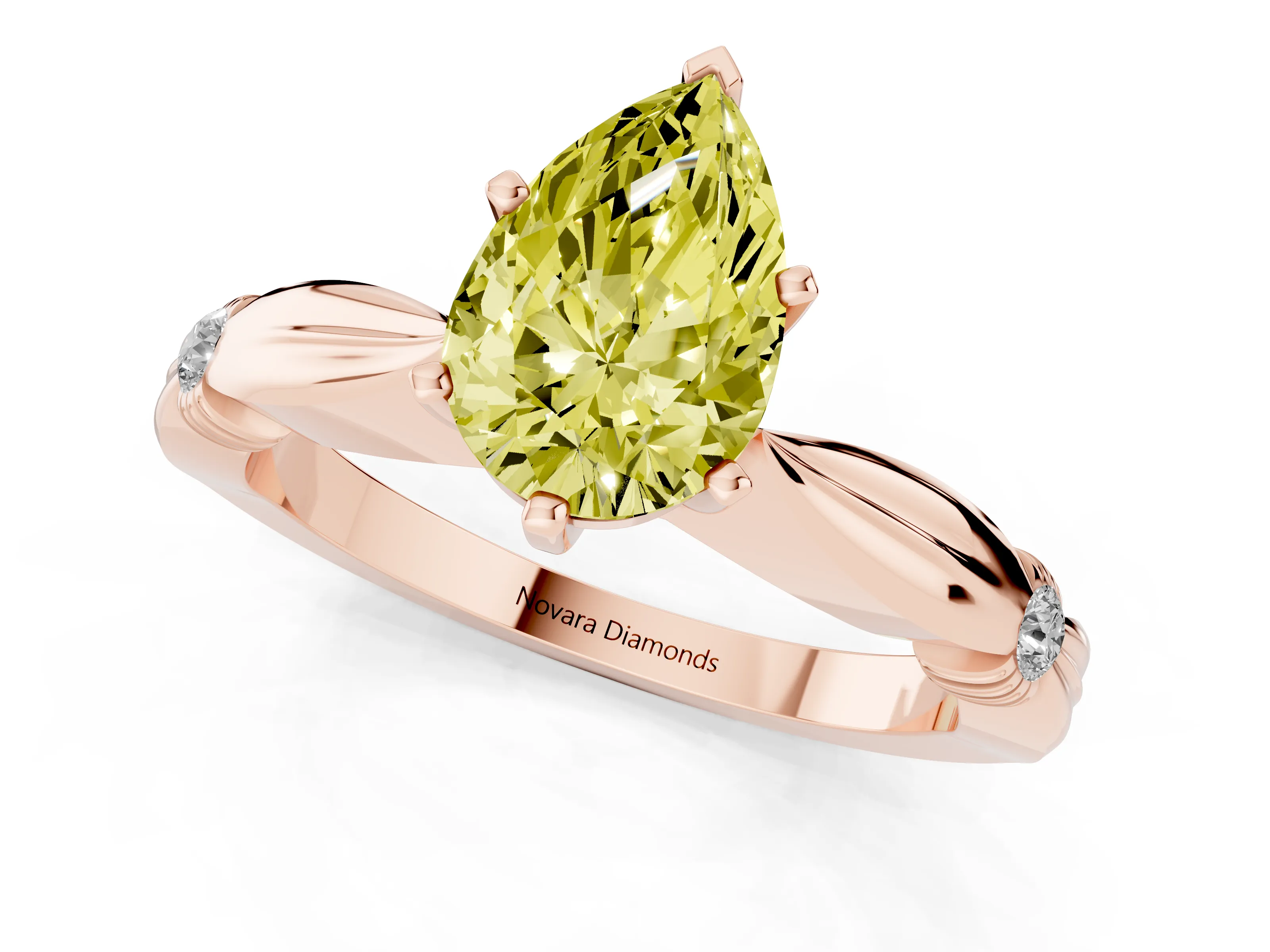 Fancy Yellow Pear Cut Diamond Solitaire Twisted Band Ring Set in Rose gold with Accent Stones and Prong Setting – second view