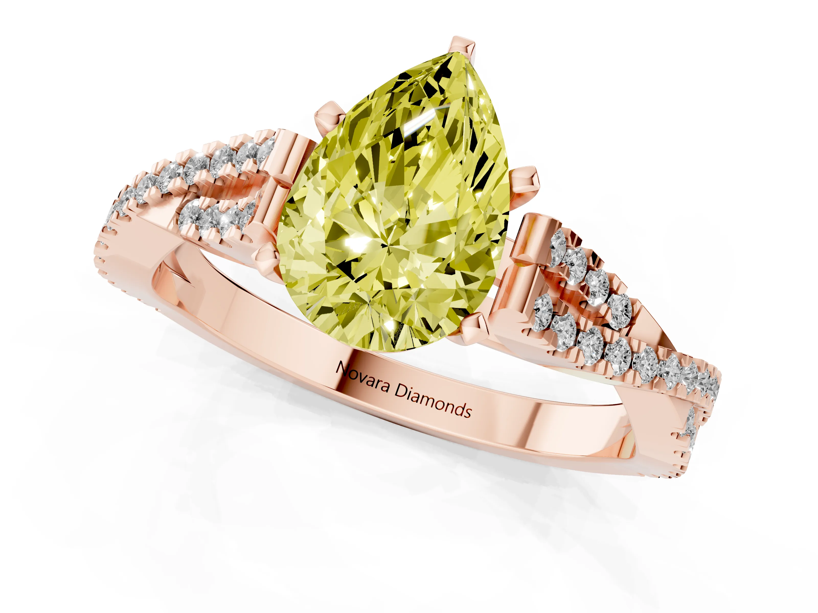 Fancy Yellow Pear Cut Diamond Solitaire Engagement Ring Set in Rose gold with Twisted Pavé Band and Prong Setting