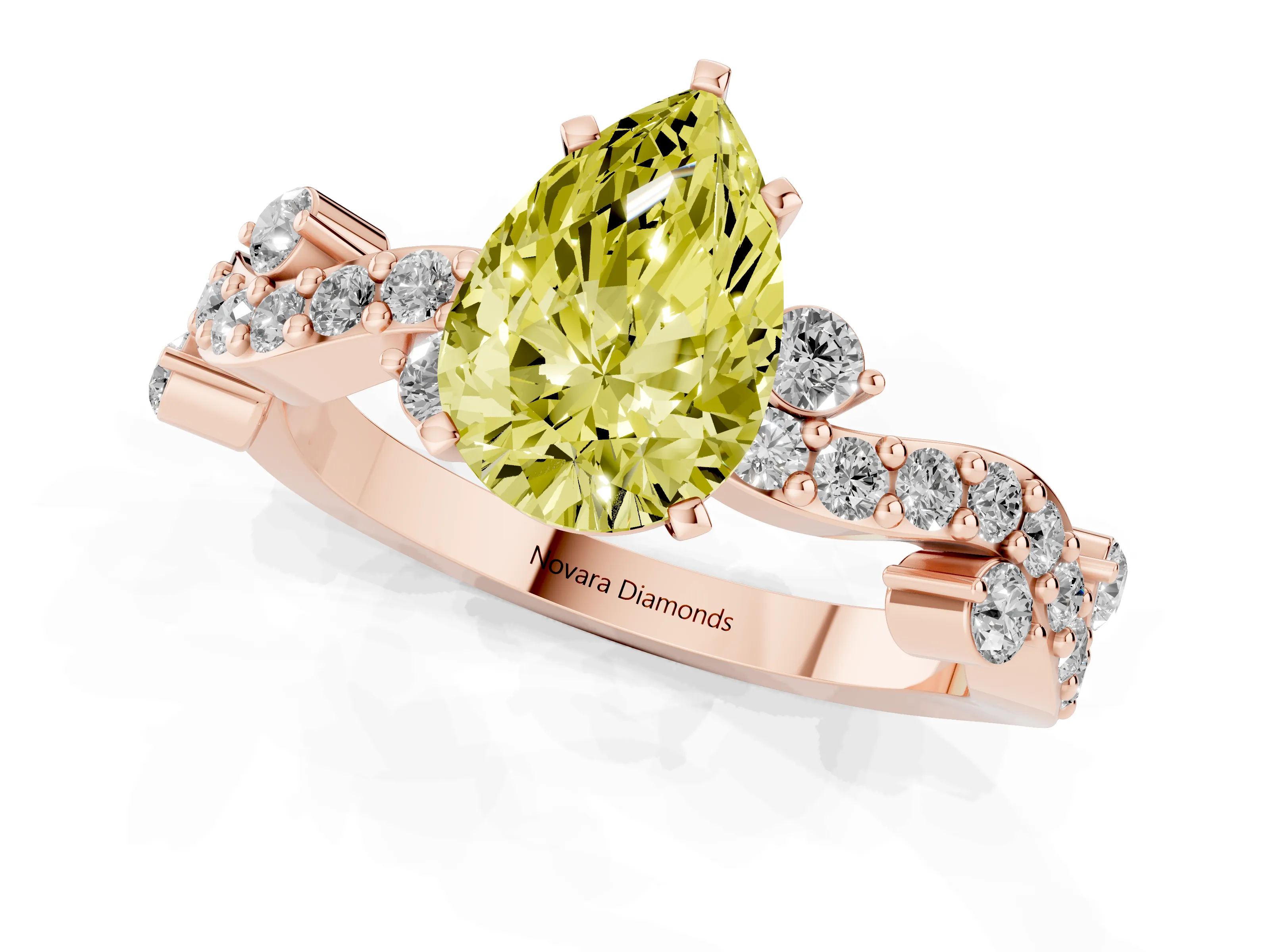Fancy Yellow Pear Cut Diamond Solitaire Twisted Band Set in Rose gold with Pavé Setting