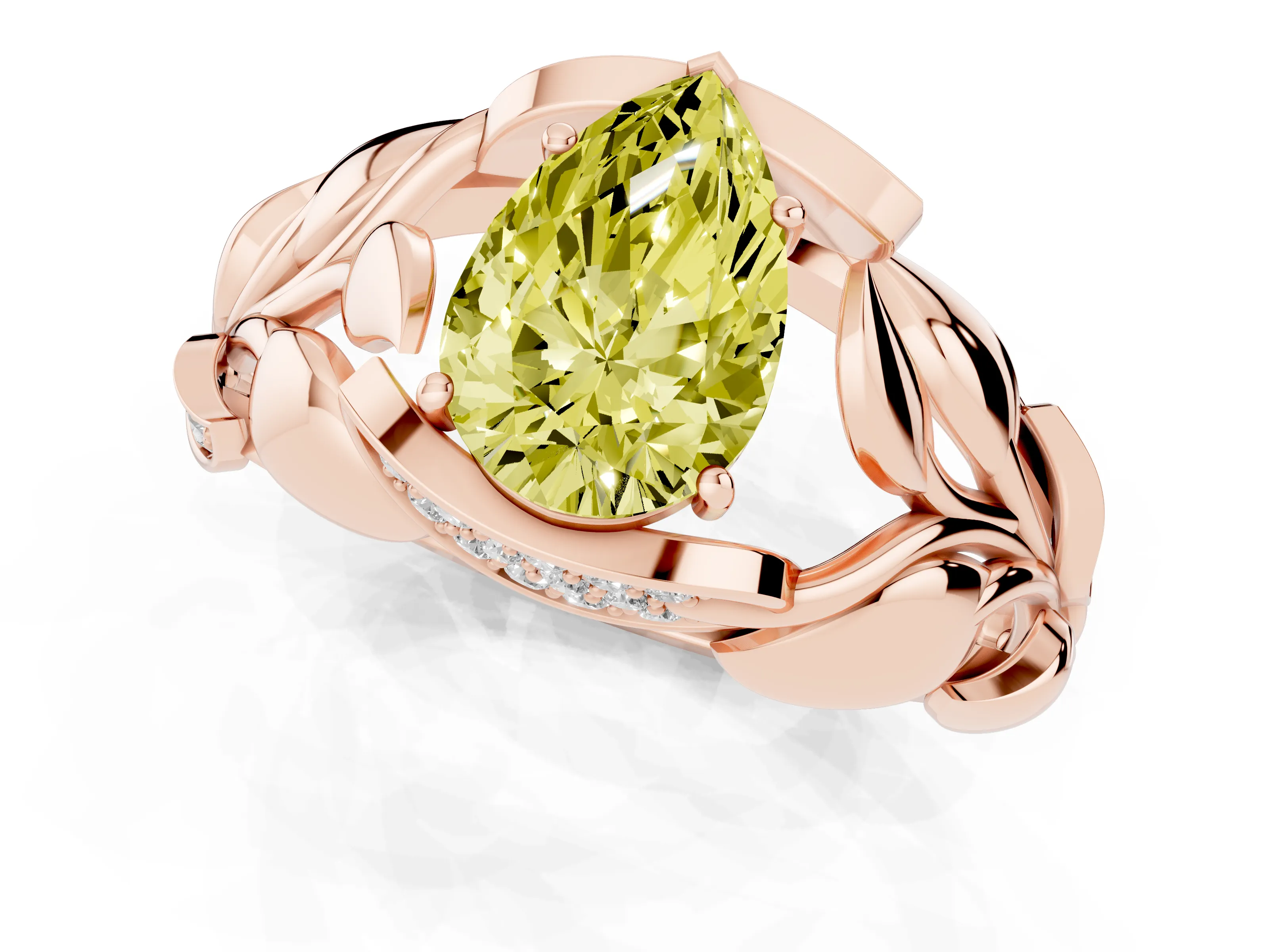 Fancy Yellow Pear Cut Diamond Leaf-Inspired Engagement Ring Set in Rose gold with Round Accents