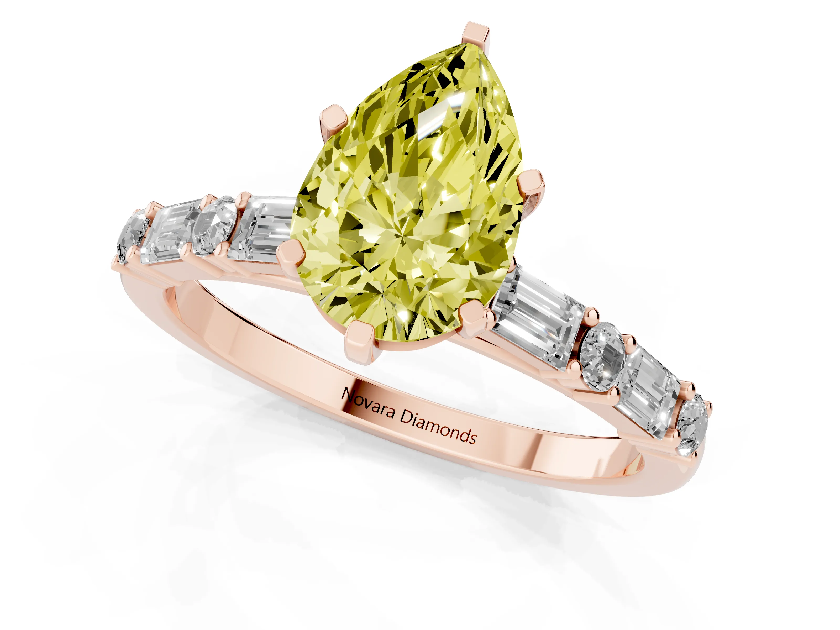 Fancy Yellow Pear Cut Diamond Solitaire Set in Rose gold with Side Baguettes and Channel Set Band