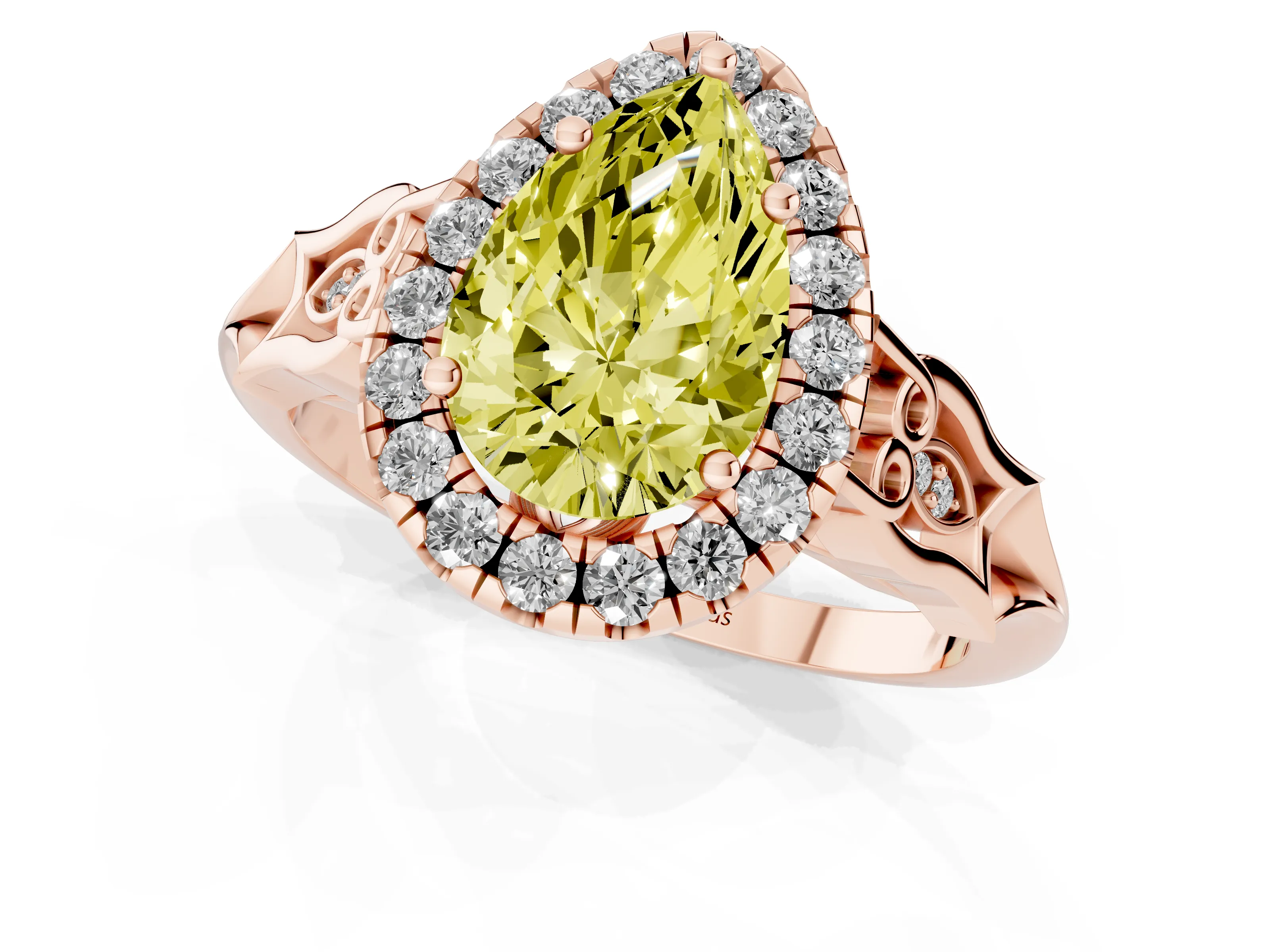 Fancy Yellow Pear Cut Diamond Halo Engagement Ring Set in Rose gold with Filigree Band and Prong-Set Center