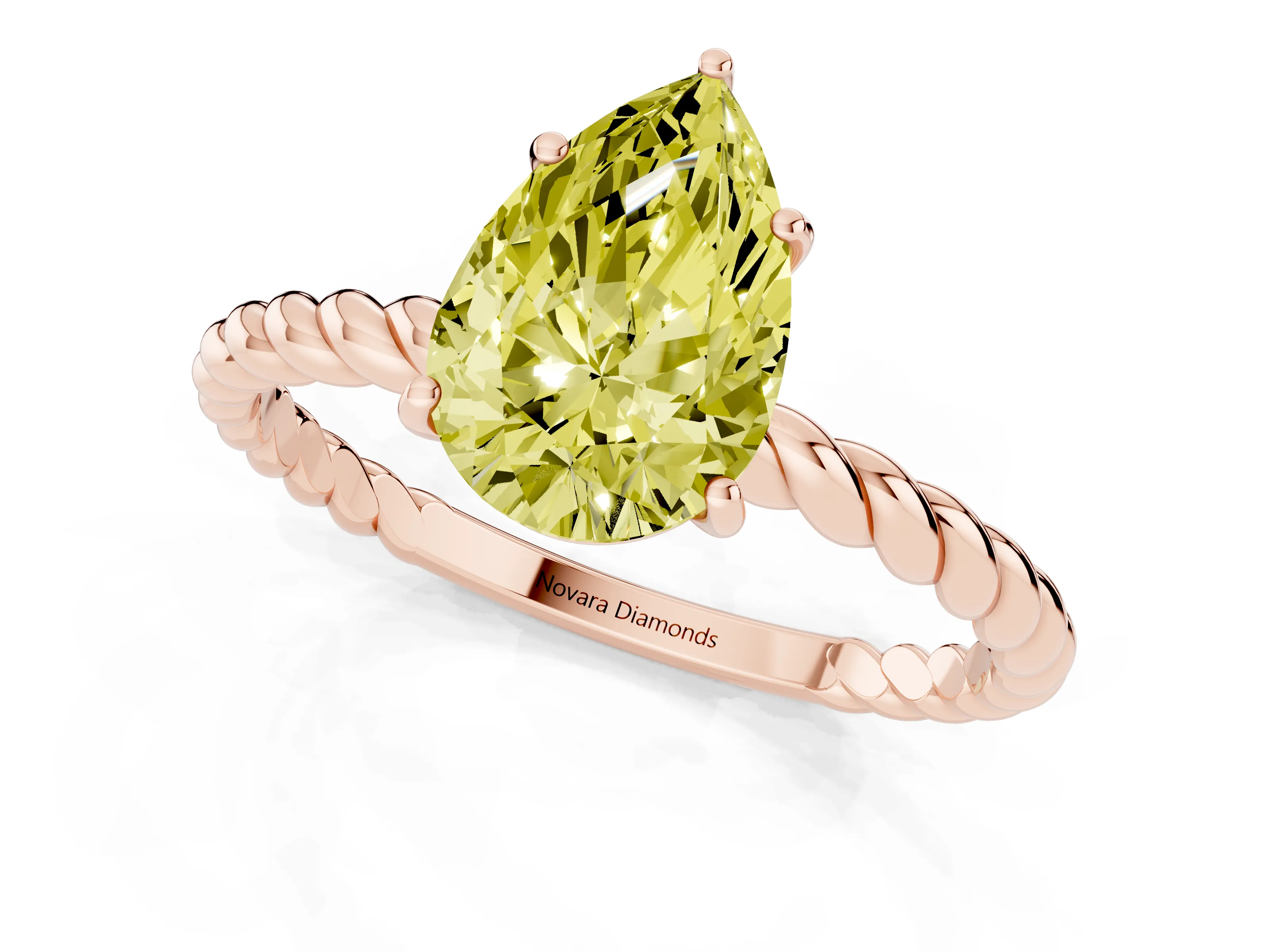 Fancy Yellow Pear Cut Diamond Solitaire Ring Set in Rose gold with Twist Band and Prong Setting