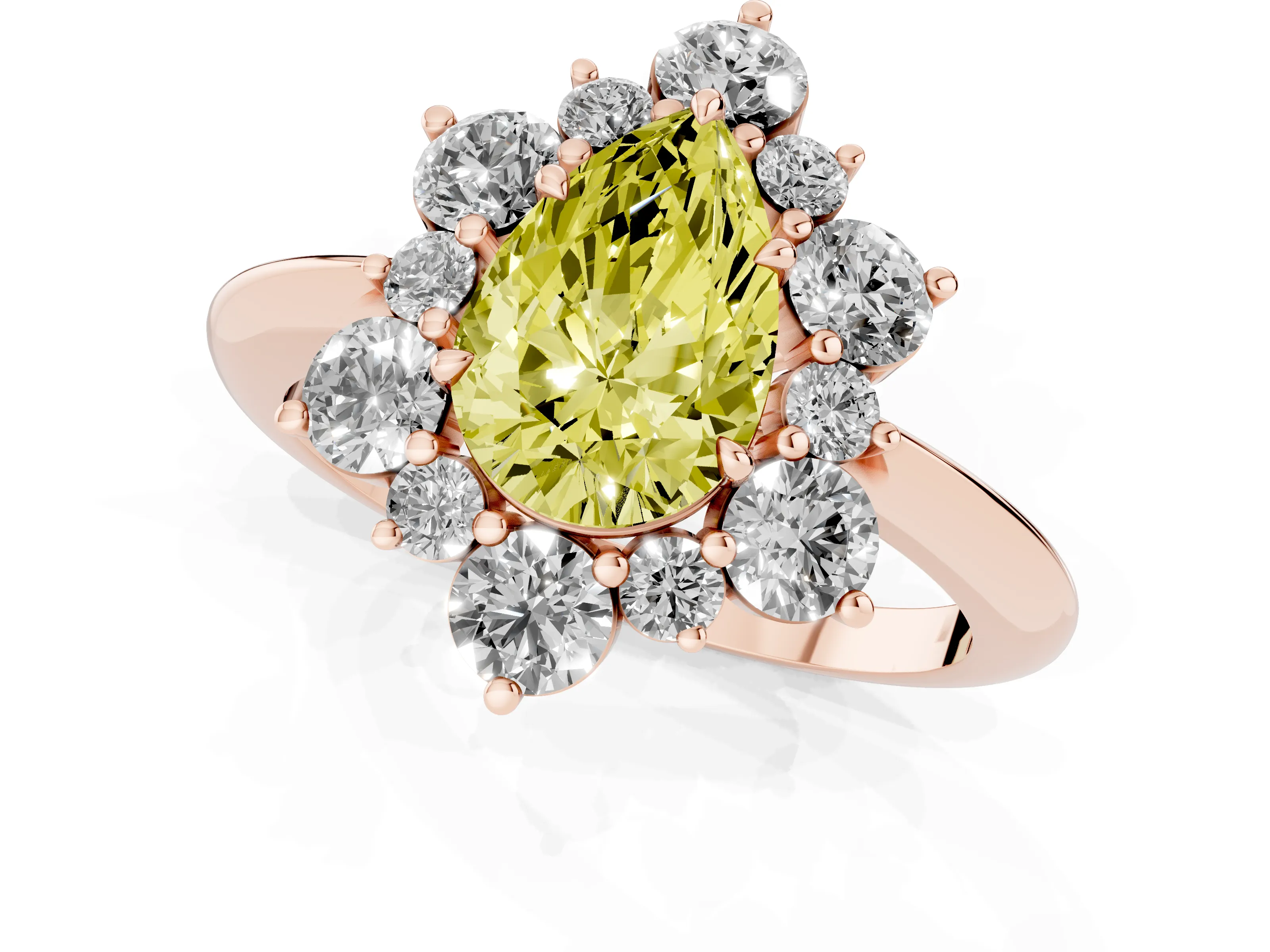 Fancy Yellow Pear Cut Diamond Cluster Halo Ring Set in Rose gold with Solitaire Band and Prong Setting