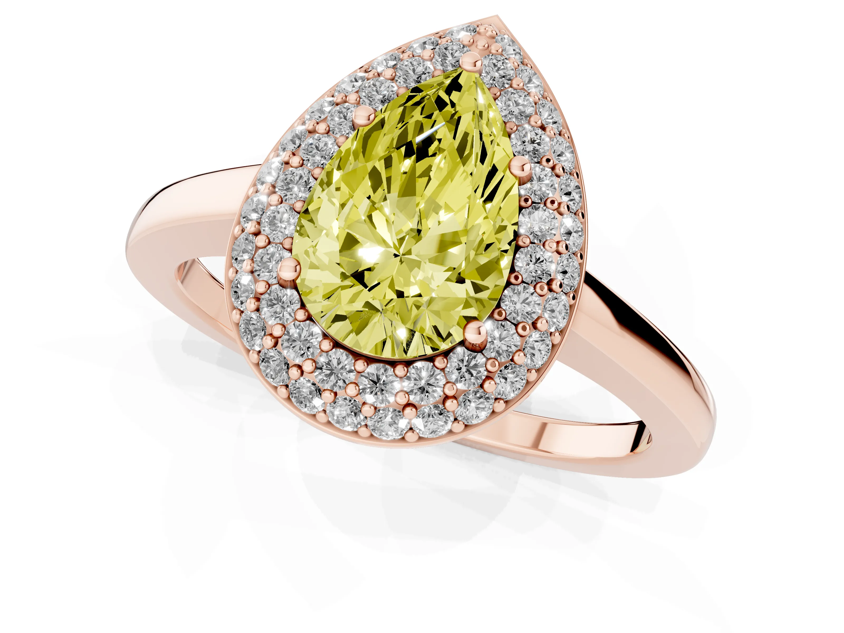 Fancy Yellow Pear Cut Diamond Halo Engagement Ring Set in Rose gold with Solitaire Band and Prong Setting