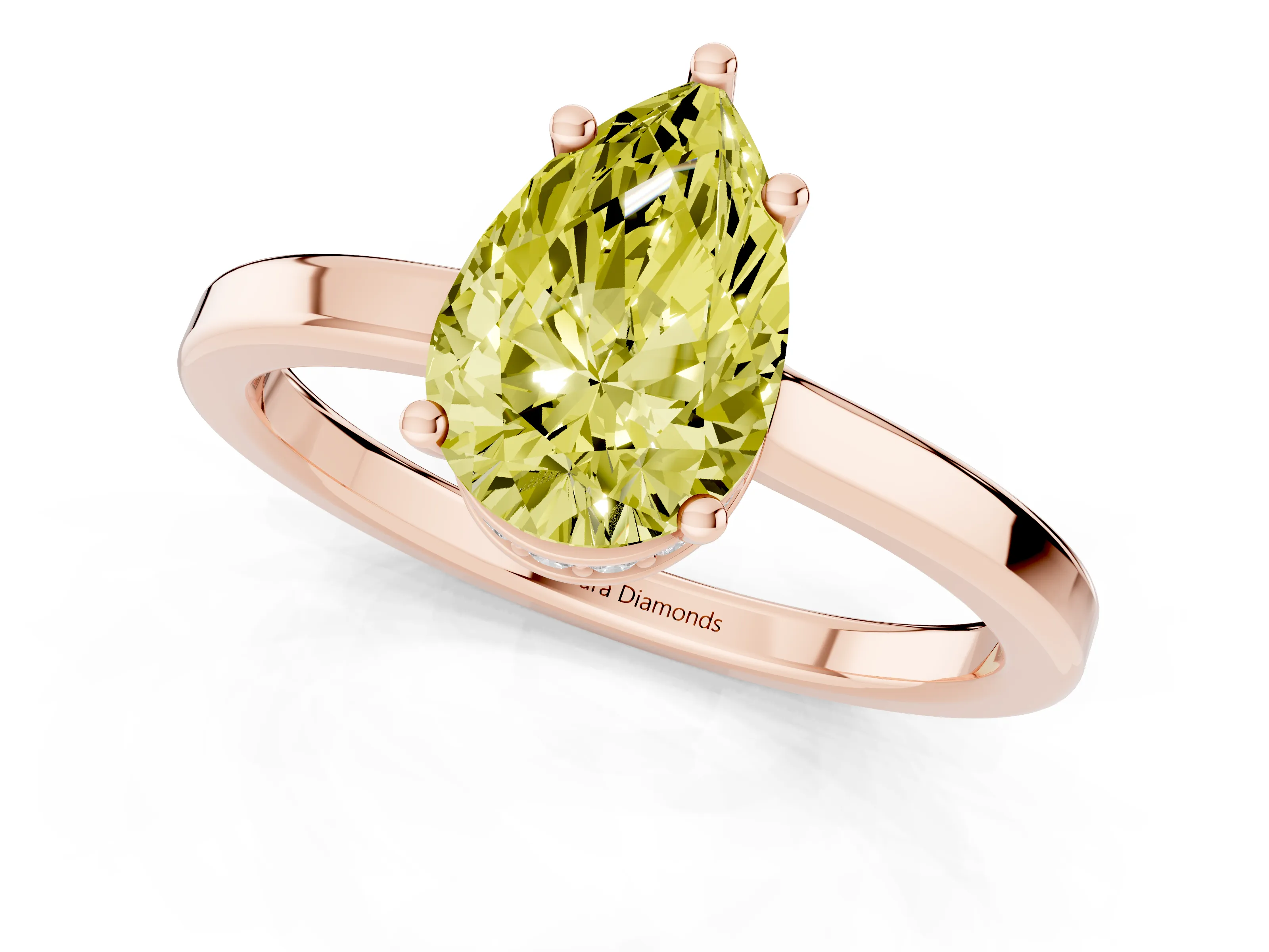 Fancy Yellow Pear Cut Diamond Solitaire Engagement Ring Set in Rose gold with Prong Setting on a Plain Band