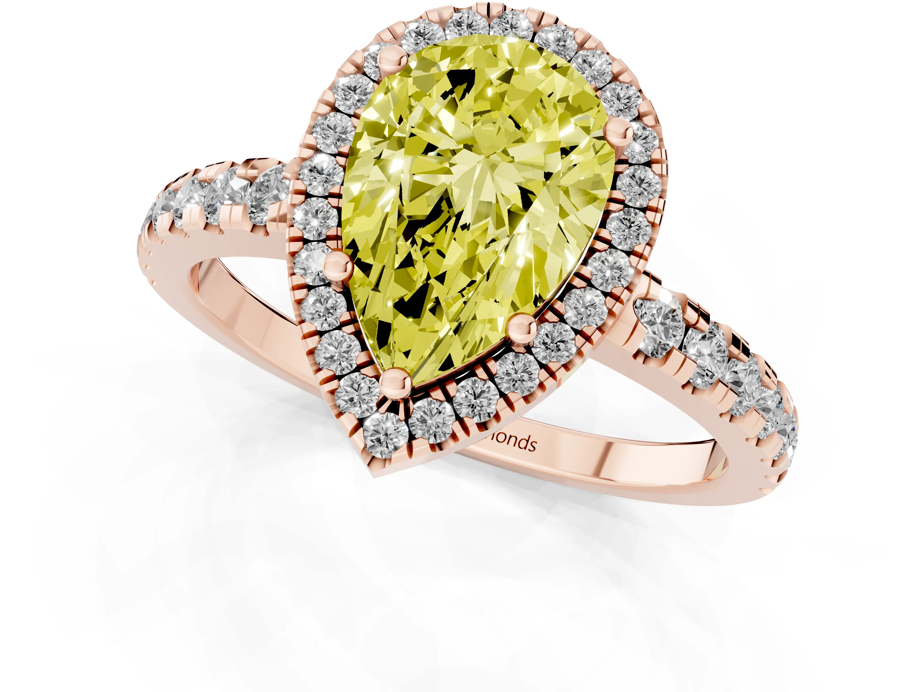 Fancy Yellow Pear Cut Diamond Halo Ring Set in Rose gold with Delicate Pavé Band and Prong Setting