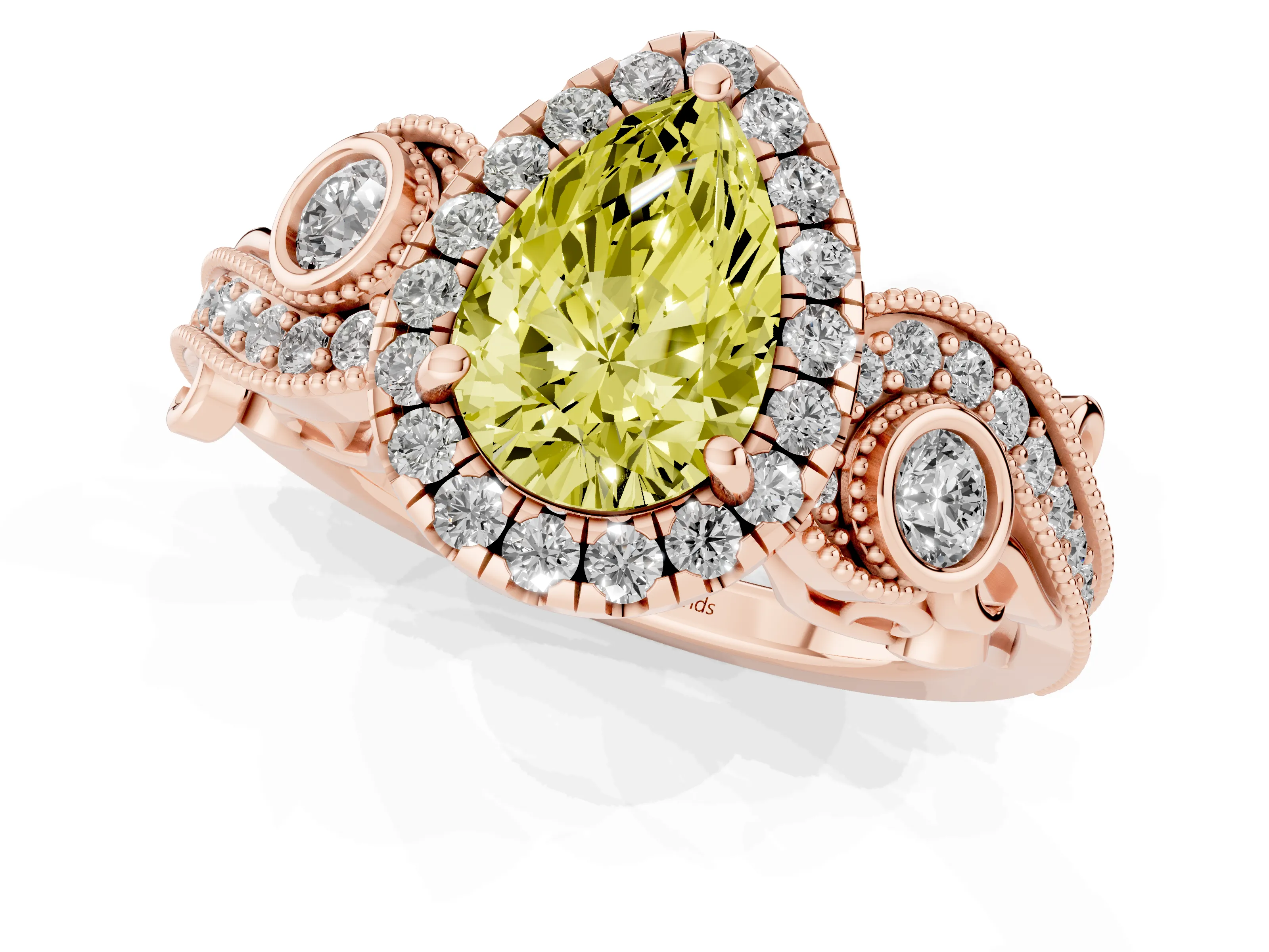 Fancy Yellow Pear Cut Diamond Halo Ring Set in Rose gold with Milgrain Pavé Band and Prong Setting