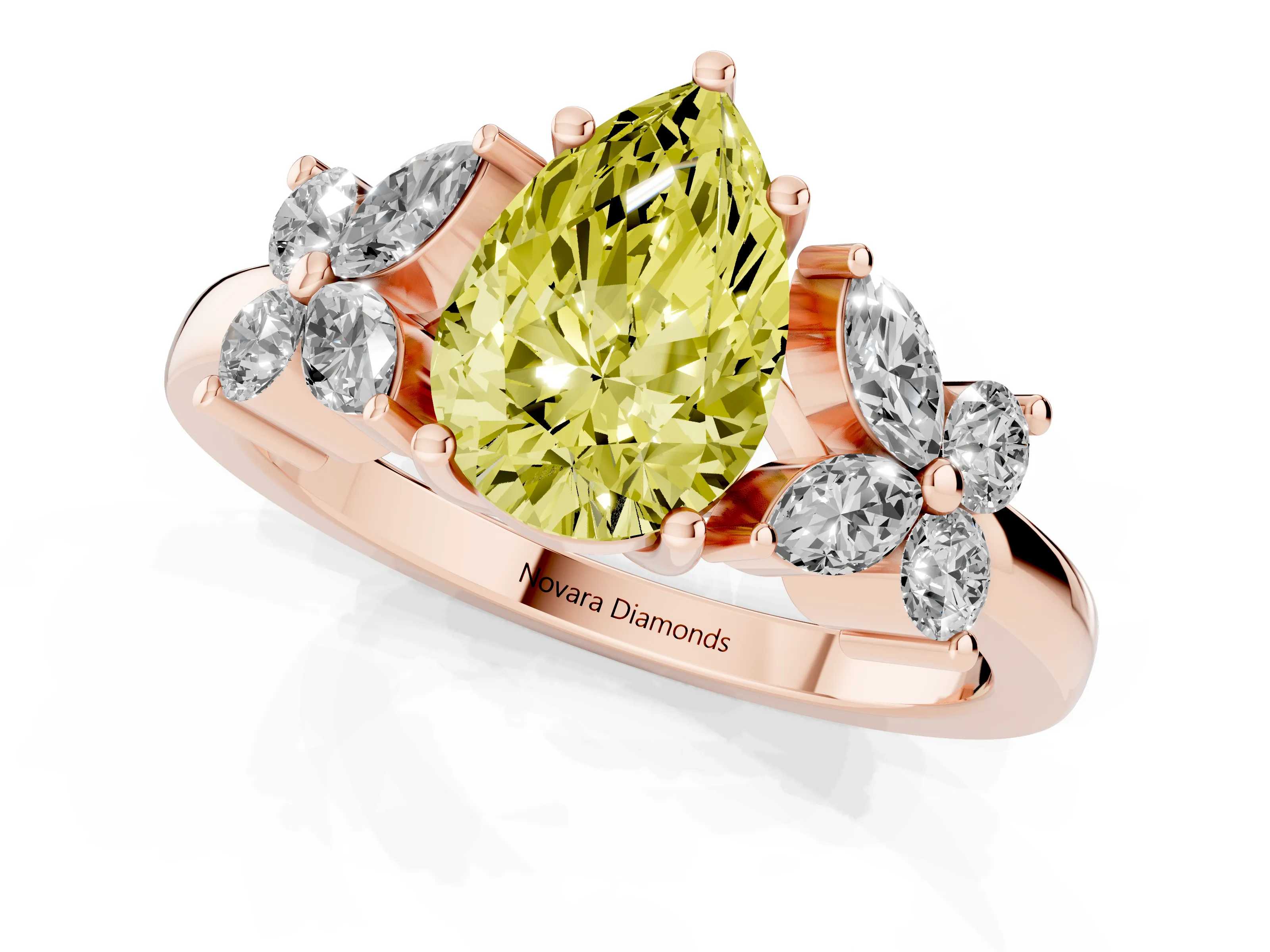 Fancy Yellow Pear Cut Diamond Floral Cluster Ring Set in Rose gold with Marquise Petals and Prong Setting