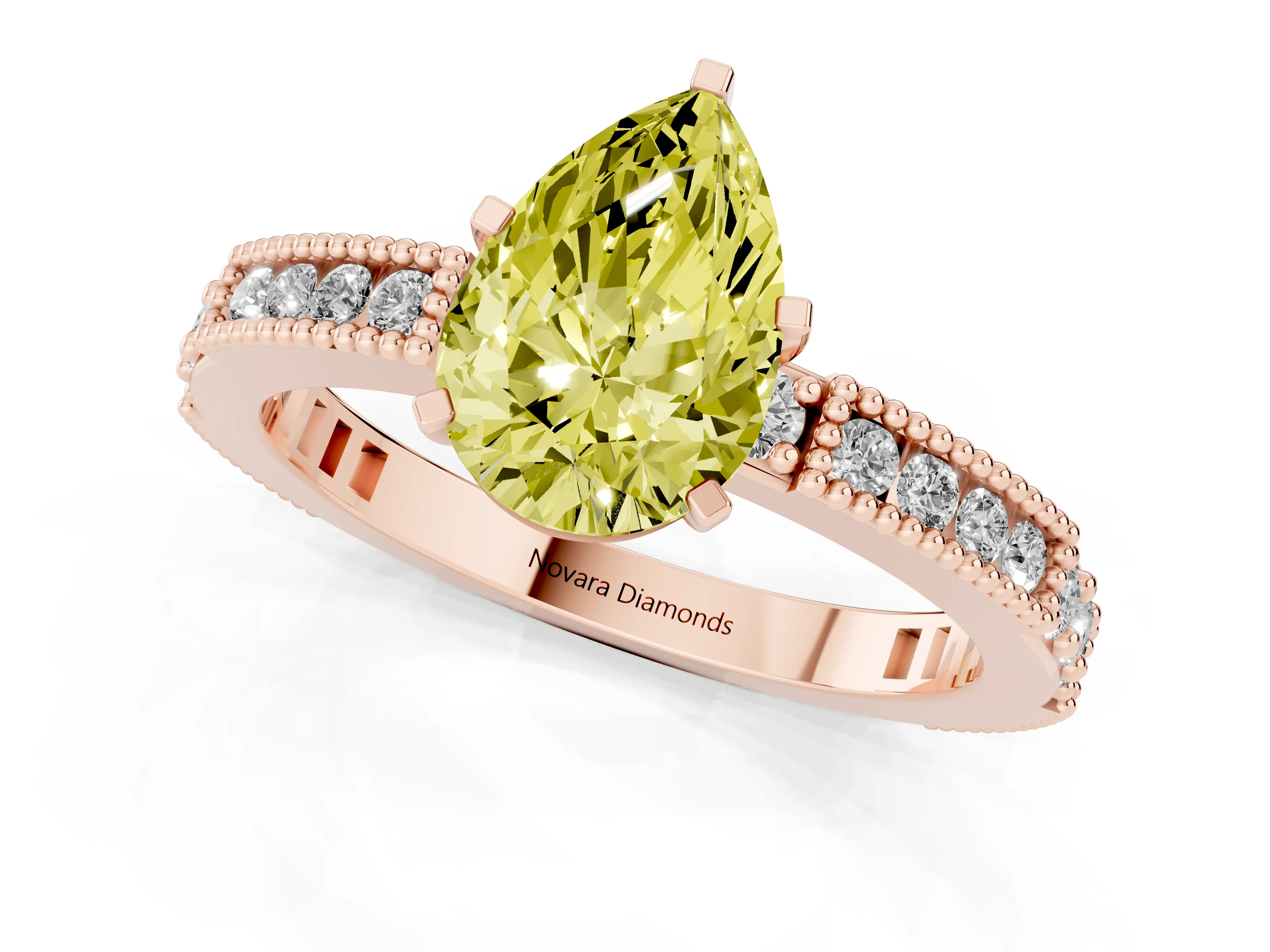 Fancy Yellow Pear Cut Diamond Solitaire Ring Set in Rose gold with Slim Pavé Band and Prong Setting