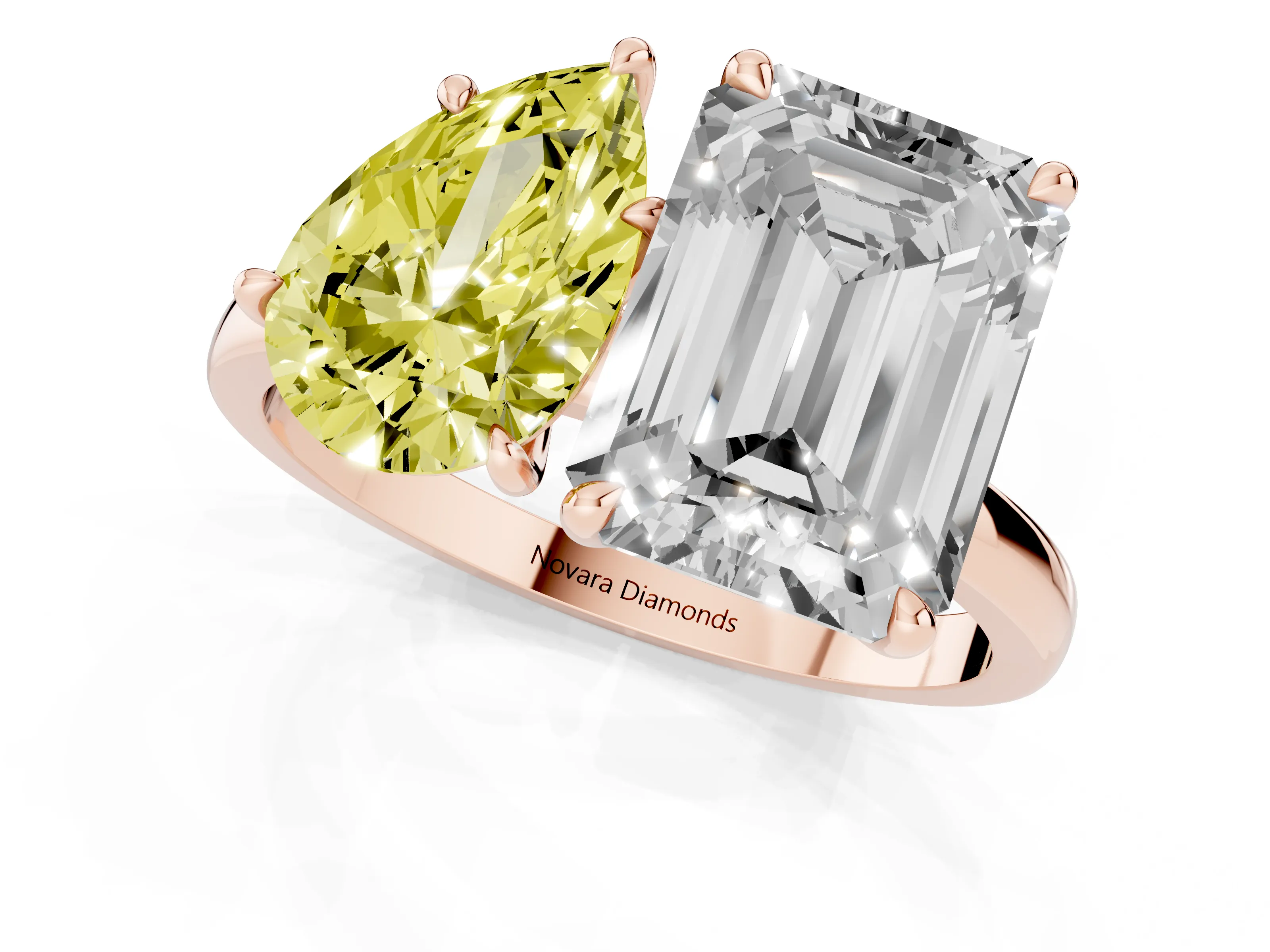 Fancy Yellow Pear Cut and Emerald Cut Toi Moi Ring Set in Rose gold with Prong Setting