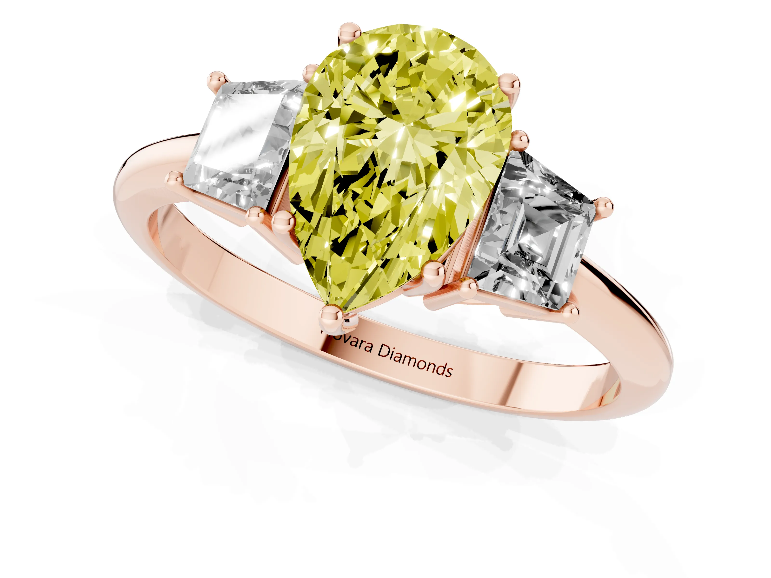 Fancy Yellow Pear Cut Diamond Three-Stone Ring Set in Rose gold with Trapezoid Side Stones and Prong Setting