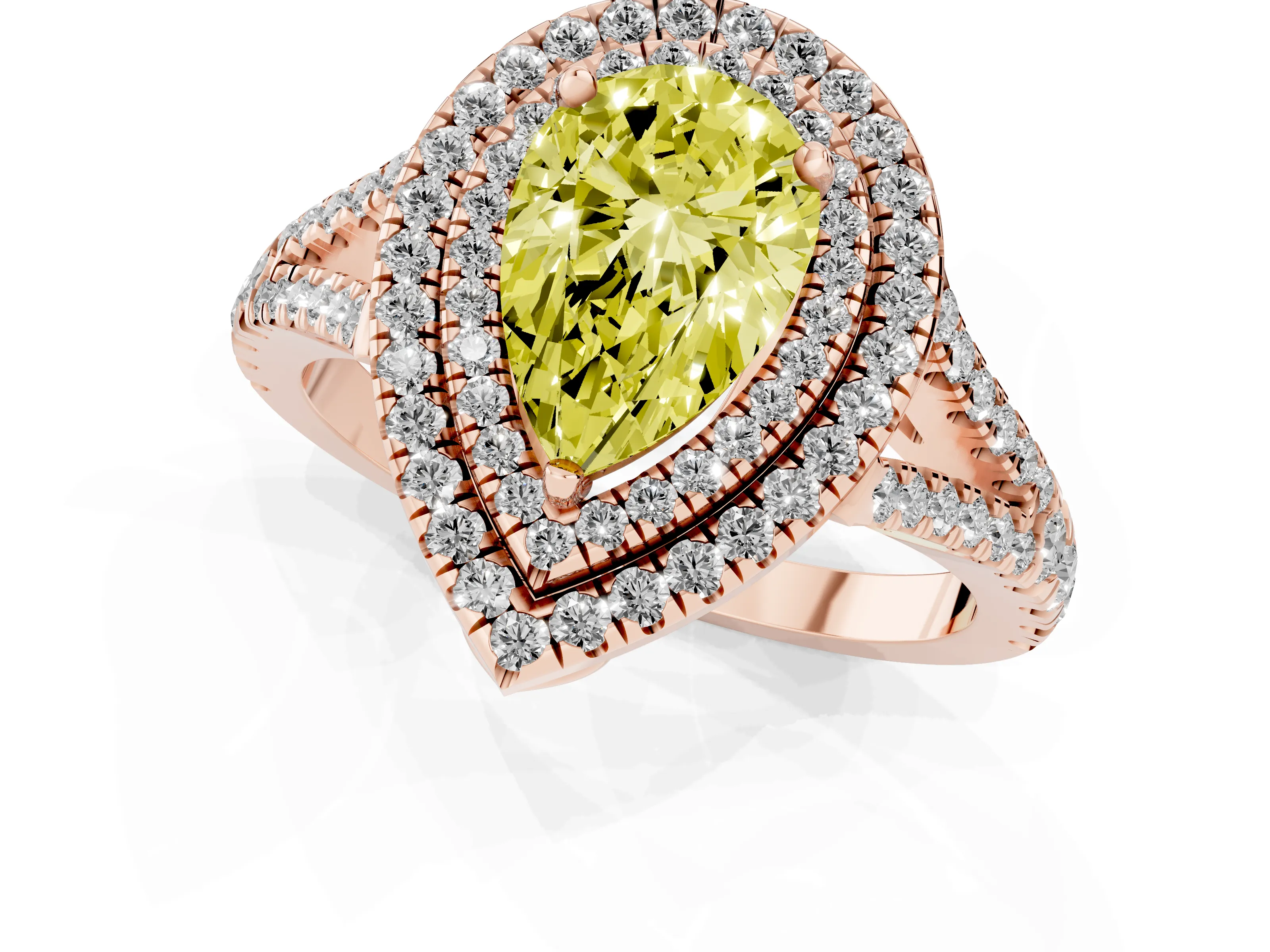 Fancy Yellow Pear Cut Diamond Double Halo Ring Set in Rose gold with Pavé Band