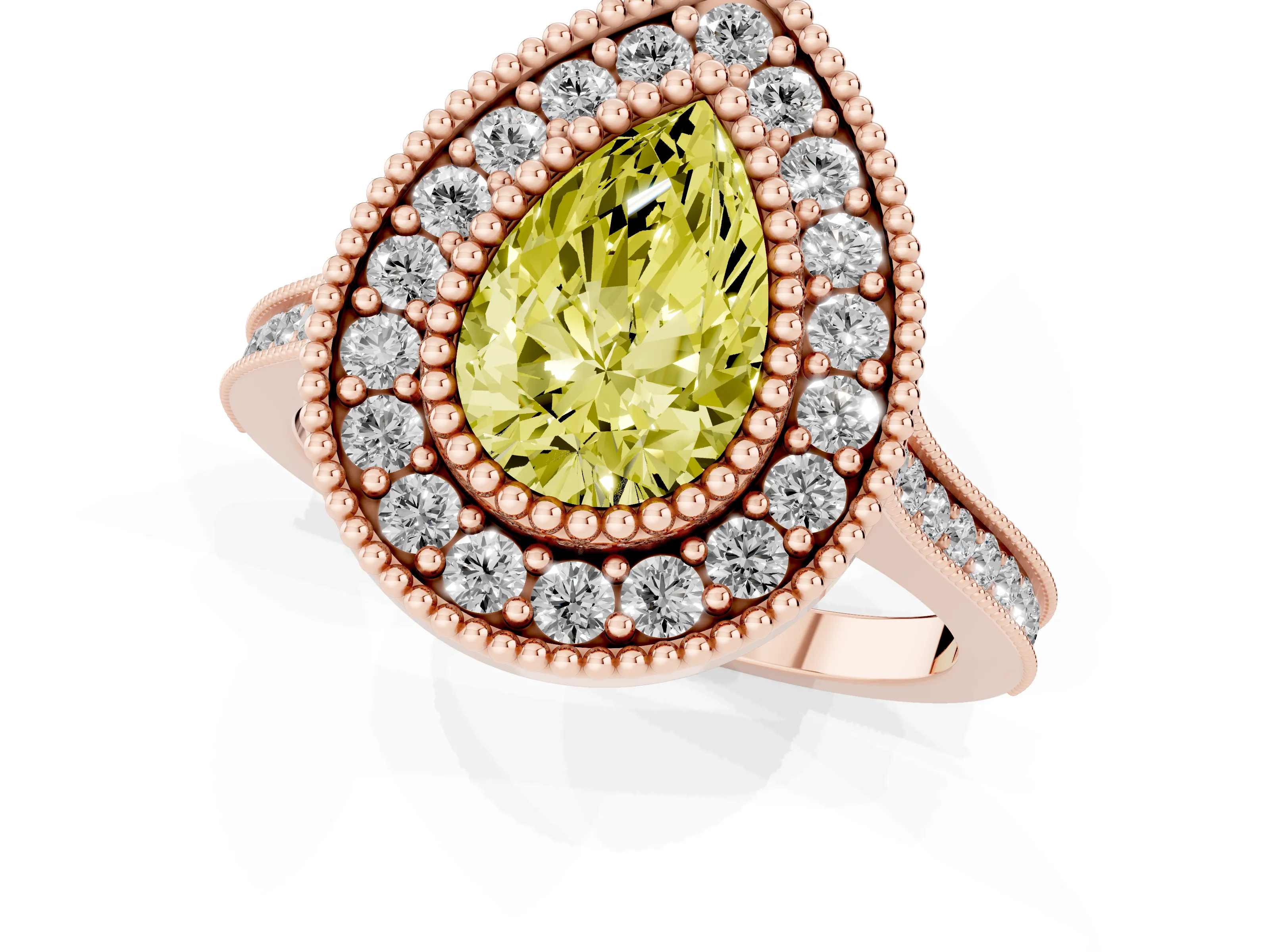 Fancy Yellow Pear Cut Diamond Halo Ring Set in Rose gold with Milgrain Frame and Pavé Band