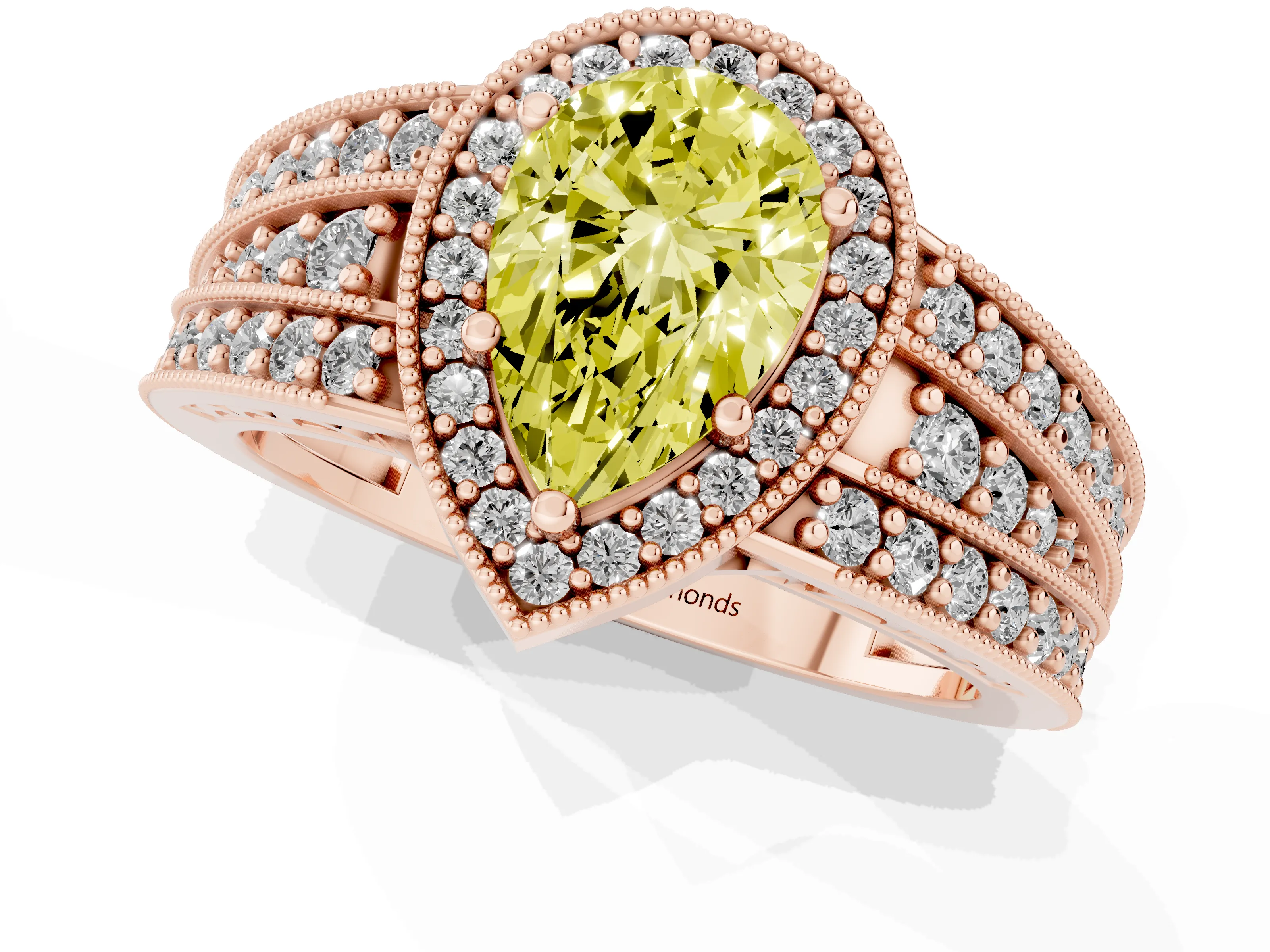 Fancy Yellow Pear Cut Diamond Halo Ring Set in Rose gold with Accent Split Shank and Prong Setting