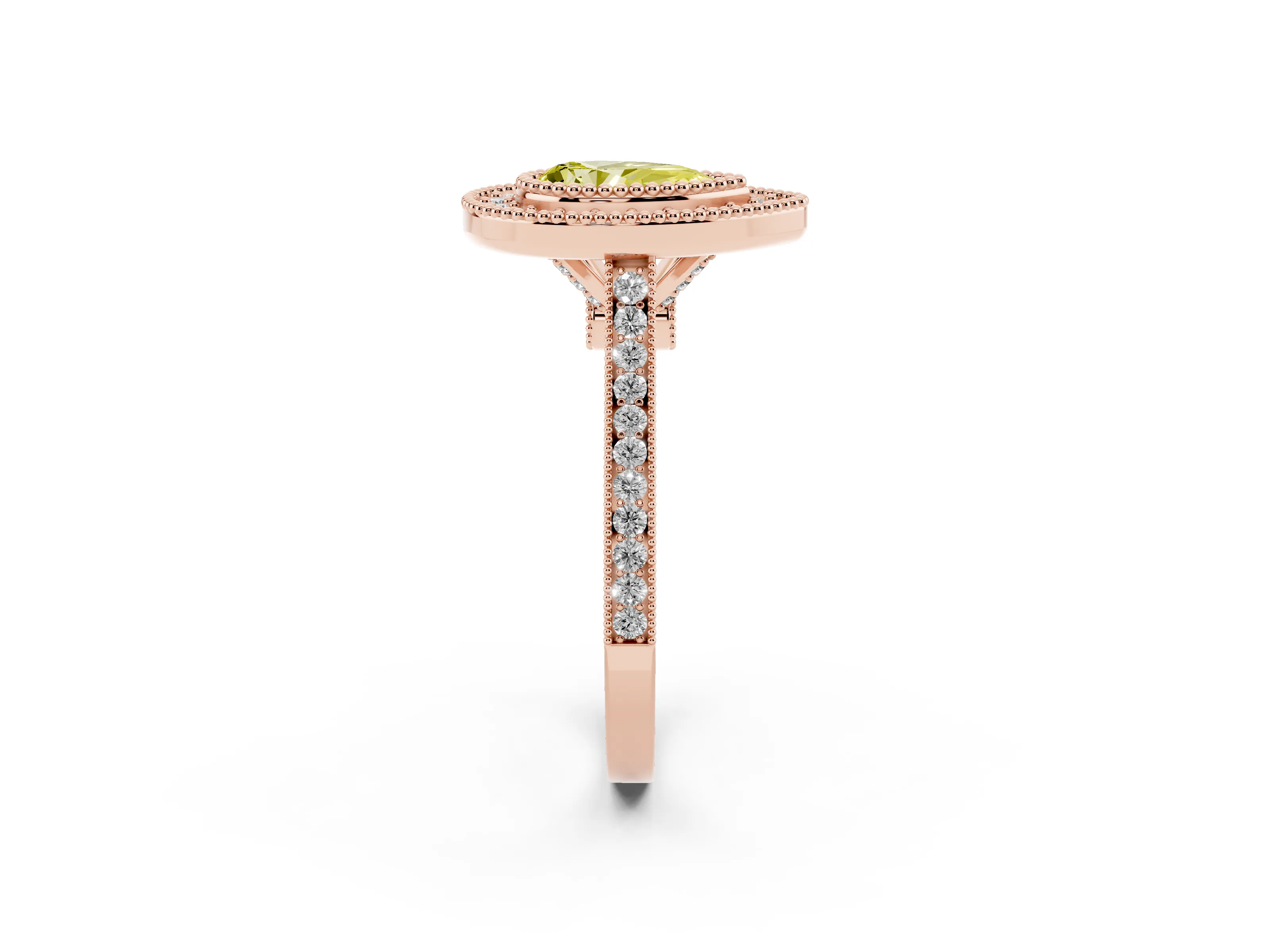 Fancy Yellow Pear Cut Diamond Halo Ring Set in Rose gold with Milgrain Frame and Pavé Band