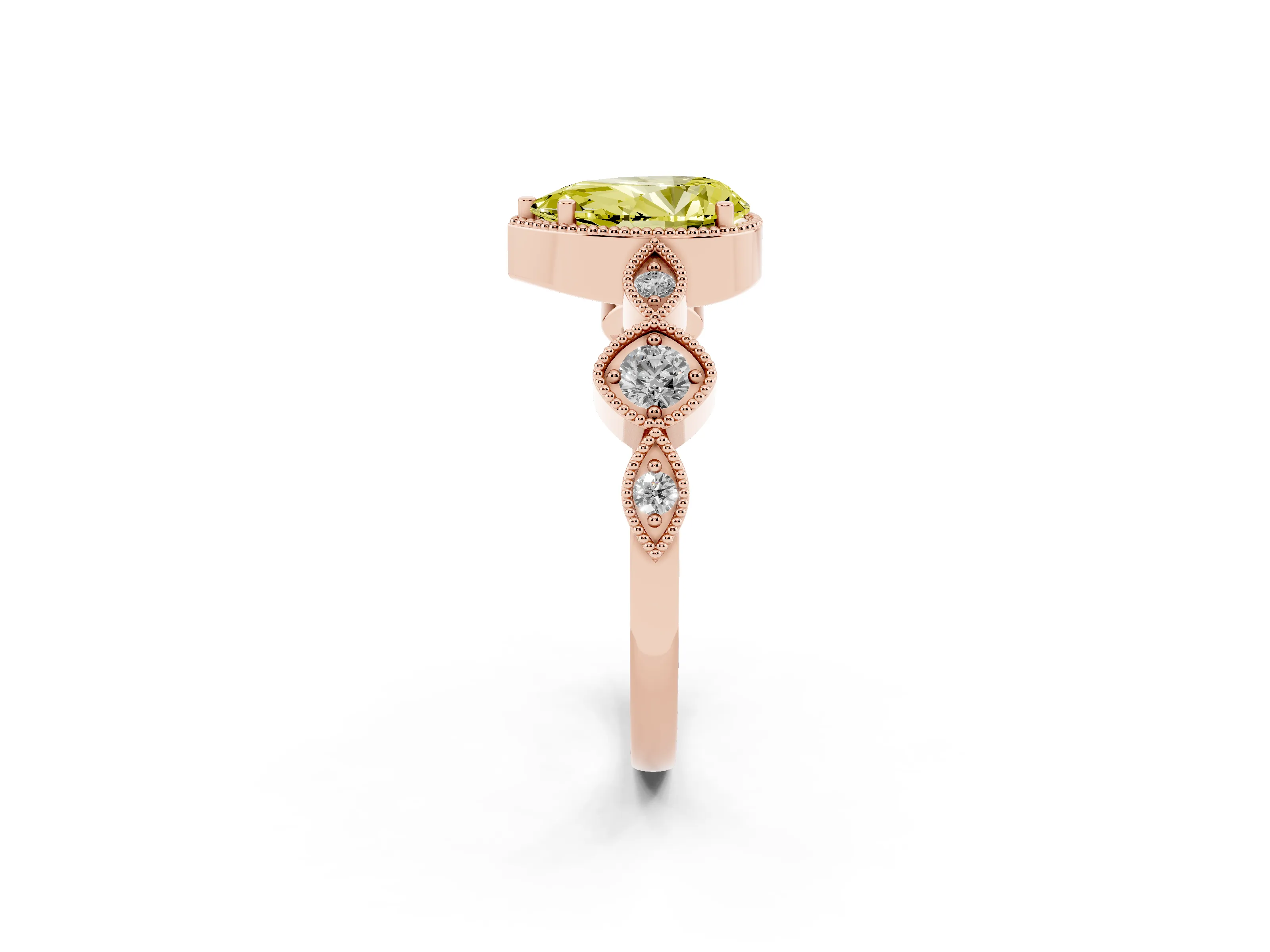 Fancy Yellow Pear Cut Diamond Vintage-Inspired Milgrain Ring Set in Rose gold with Marquise Stations of Round Accents