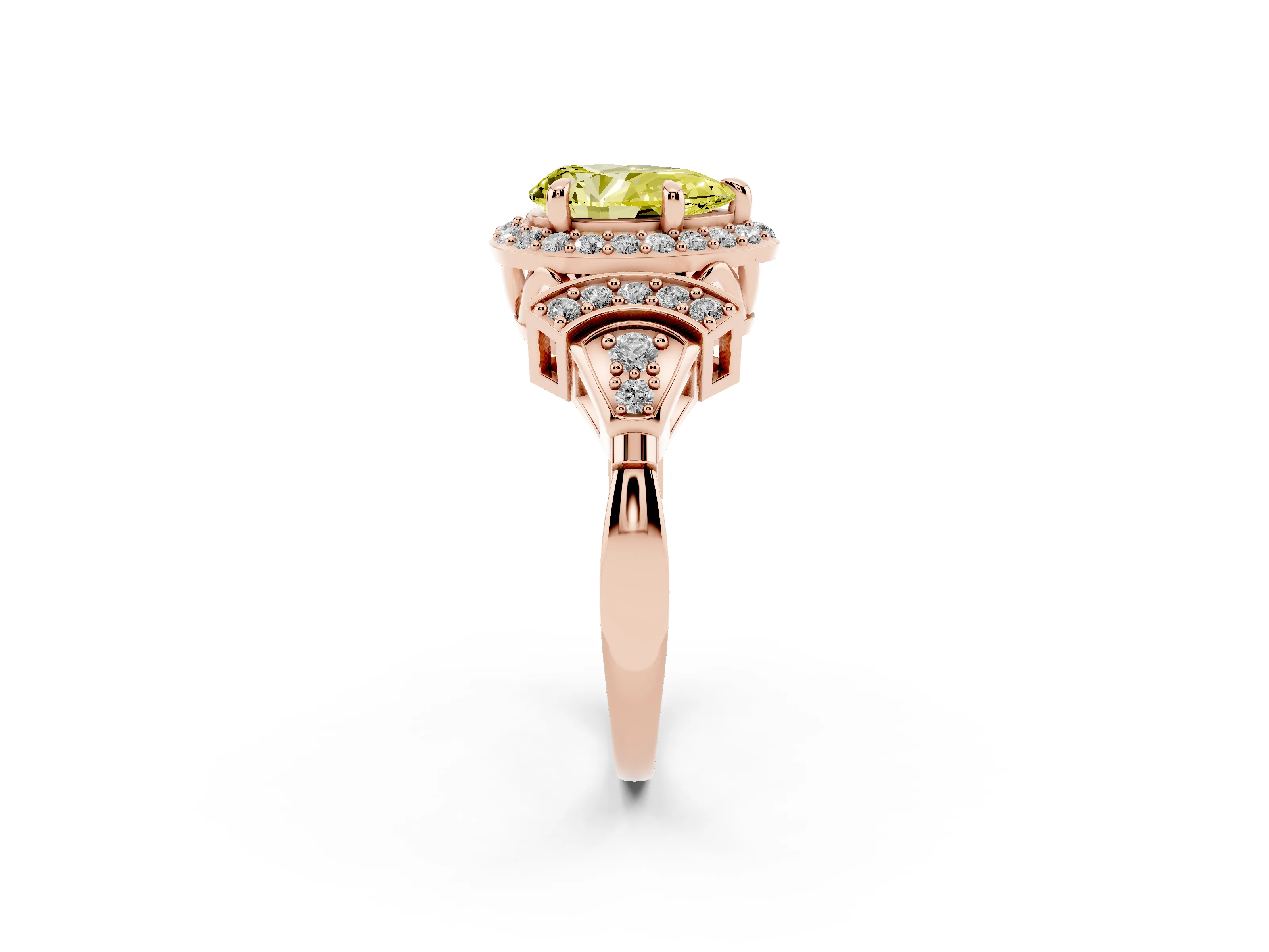 Fancy Yellow Pear Cut Diamond Halo Engagement Ring Set in Rose gold with Accent Stone Split Shank
