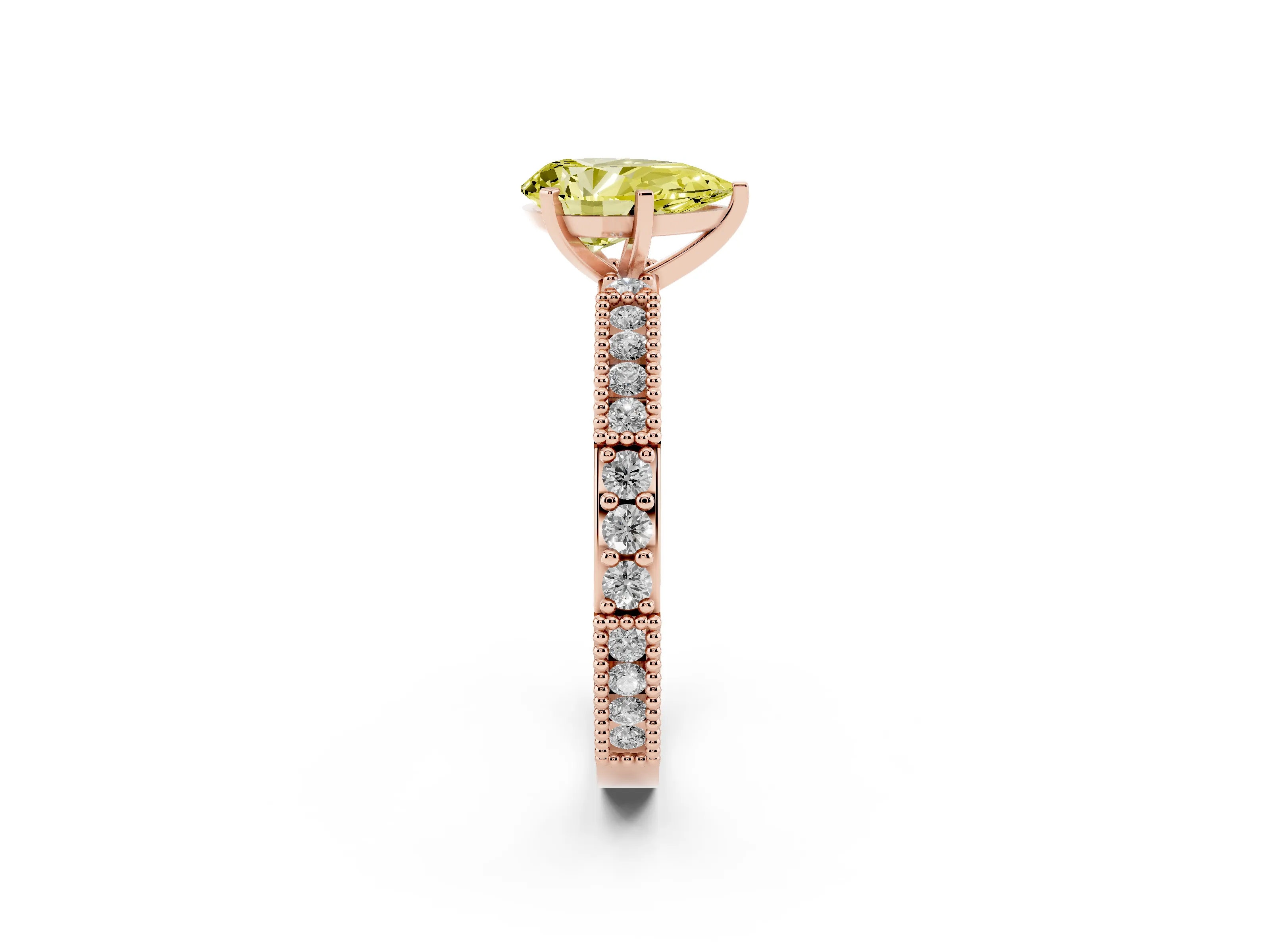 Fancy Yellow Pear Cut Diamond Solitaire Ring Set in Rose gold with Slim Pavé Band and Prong Setting