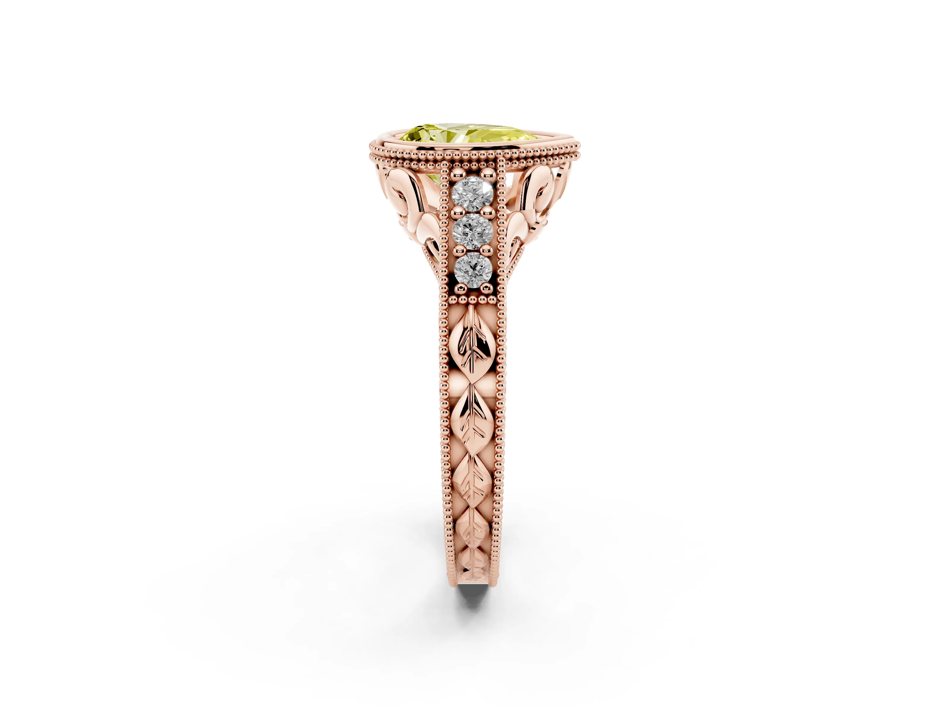 Fancy Yellow Bezel Set Pear Cut Diamond Milgrain Pavé Engagement Ring Set in Rose gold