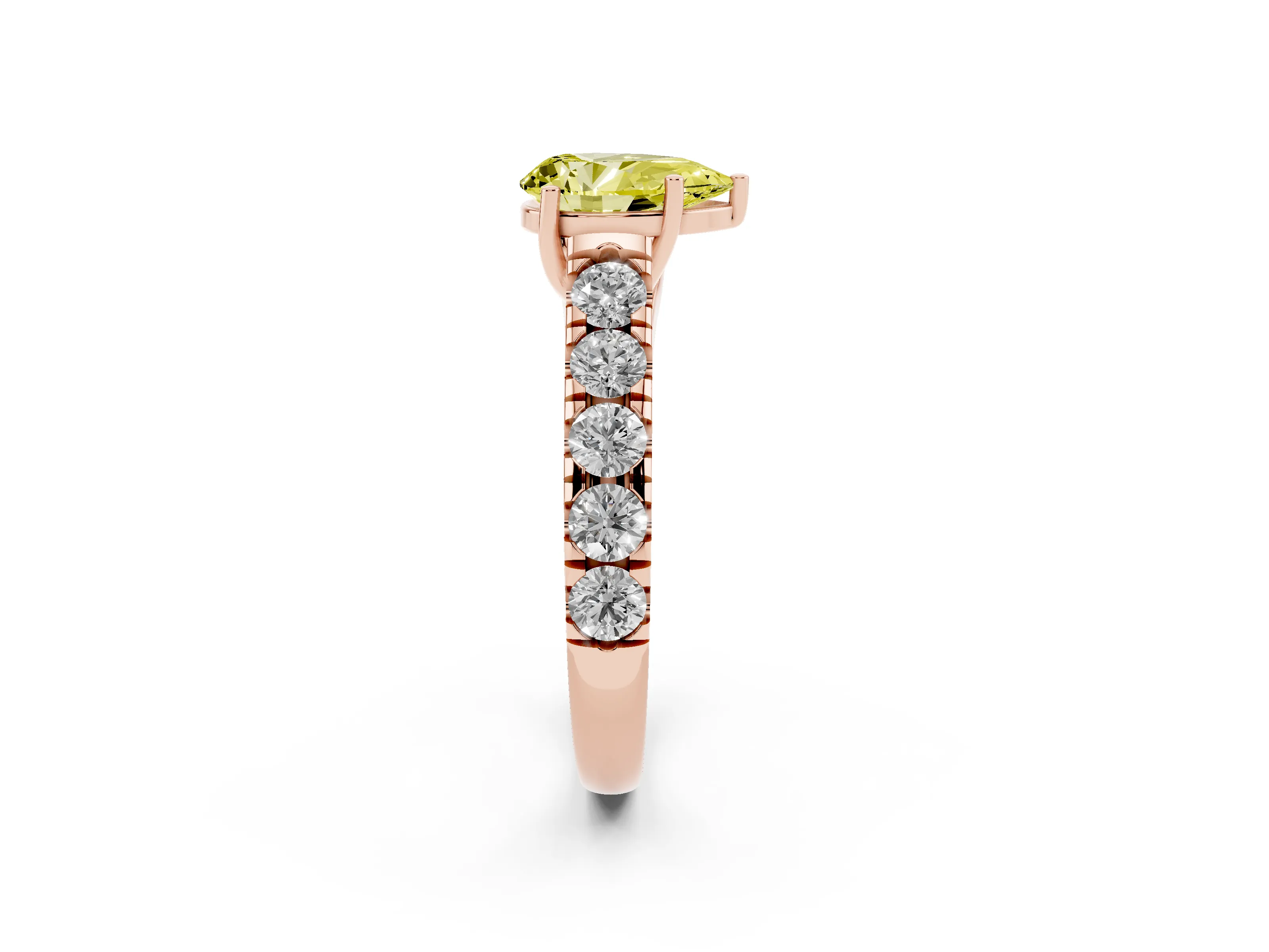 Fancy Yellow Pear Cut Diamond Solitaire Ring Set in Rose gold with Cut-Down Micro Pavé Band and Prong Setting