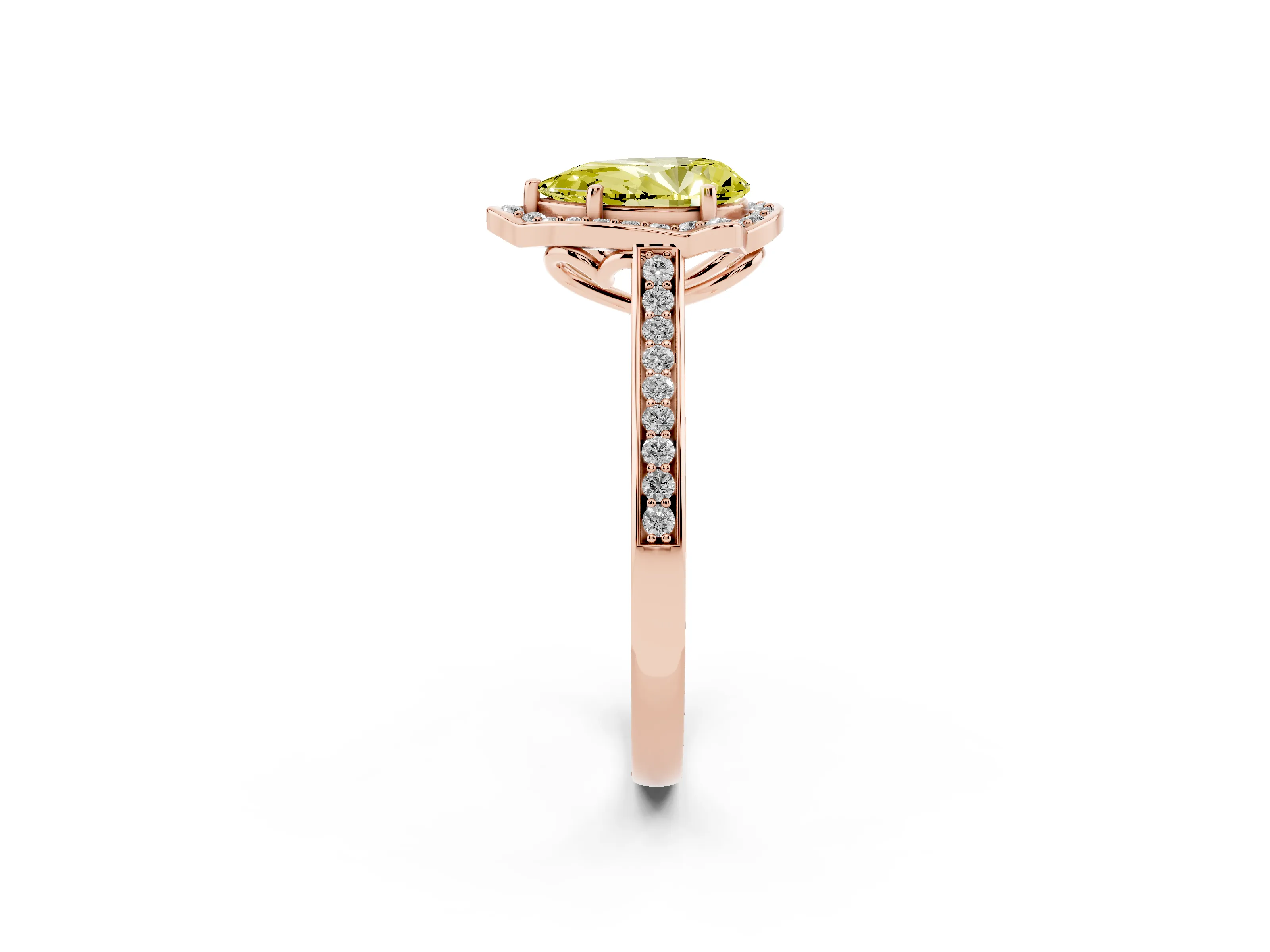 Fancy Yellow Pear Cut Diamond Halo Ring Set in Rose gold with Pavé-Lined Shoulders and Prong Setting